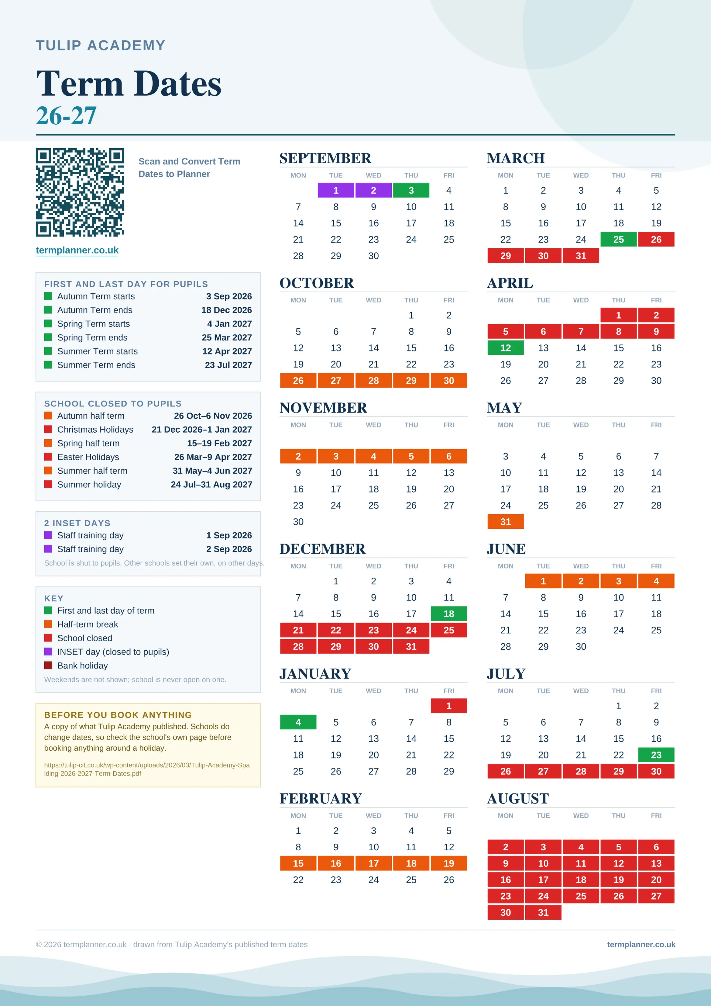 Tulip Academy’s 2026/27 school year drawn as one sheet: twelve month grids from September to August, Monday to Friday, with autumn term 3 September to 18 December 2026, spring term 4 January to 25 March 2027, summer term 12 April to 23 July 2027. Half terms, holidays and bank holidays are filled in colour, the first and last day of each term is marked, 2 INSET days are picked out, and every date is listed again in words down the left.