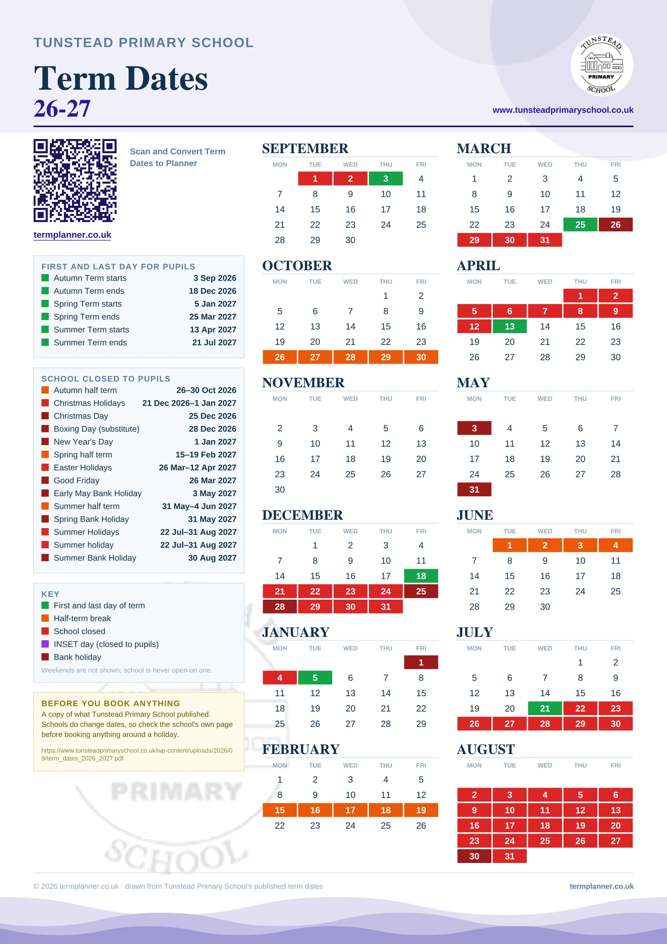 Tunstead Primary School’s 2026/27 school year drawn as one sheet: twelve month grids from September to August, Monday to Friday, with autumn term 3 September to 18 December 2026, spring term 5 January to 25 March 2027, summer term 13 April to 21 July 2027. Half terms, holidays and bank holidays are filled in colour, the first and last day of each term is marked, and every date is listed again in words down the left.