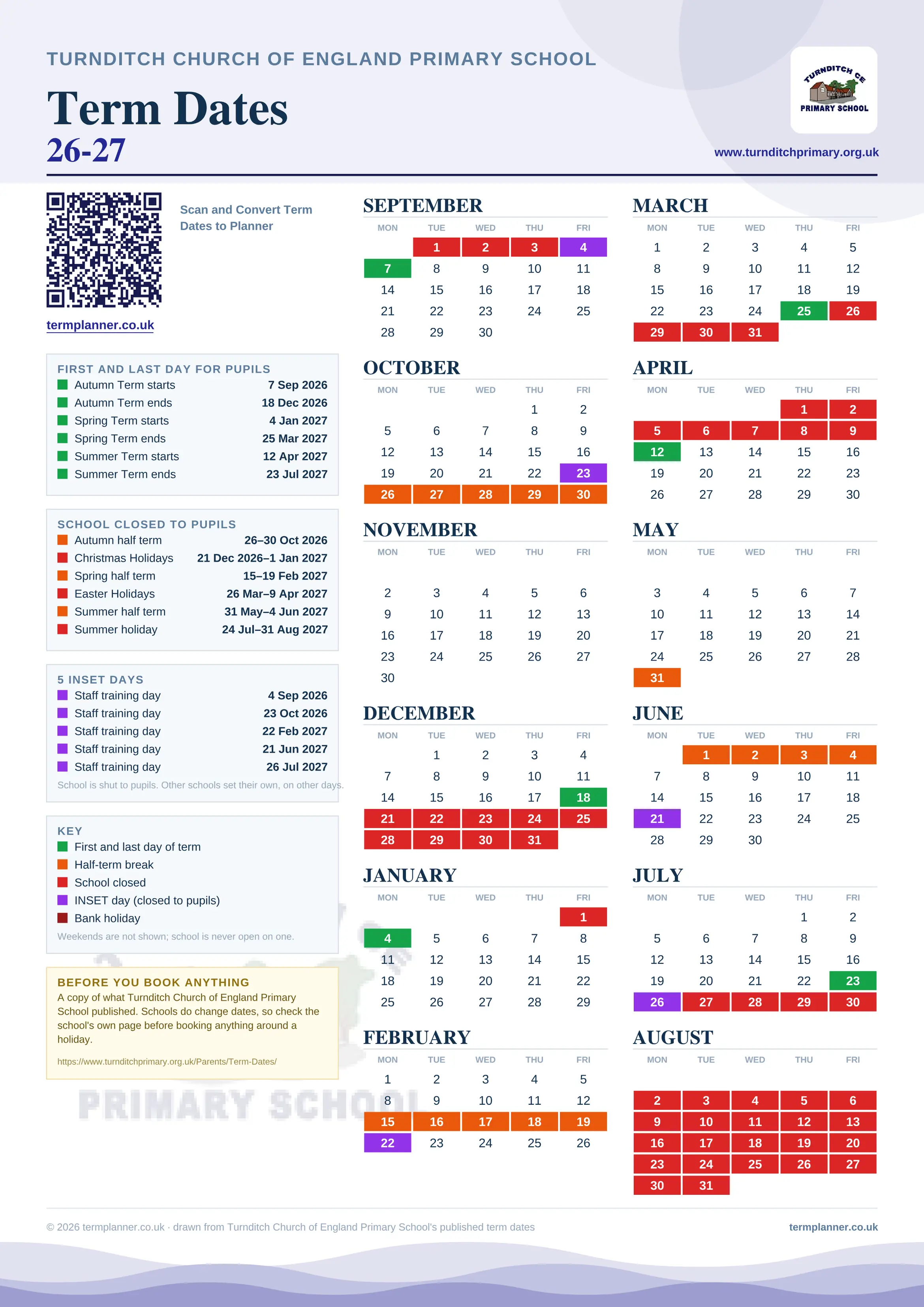 Turnditch Church of England Primary School’s 2026/27 school year drawn as one sheet: twelve month grids from September to August, Monday to Friday, with autumn term 7 September to 18 December 2026, spring term 4 January to 25 March 2027, summer term 12 April to 23 July 2027. Half terms, holidays and bank holidays are filled in colour, the first and last day of each term is marked, 5 INSET days are picked out, and every date is listed again in words down the left.