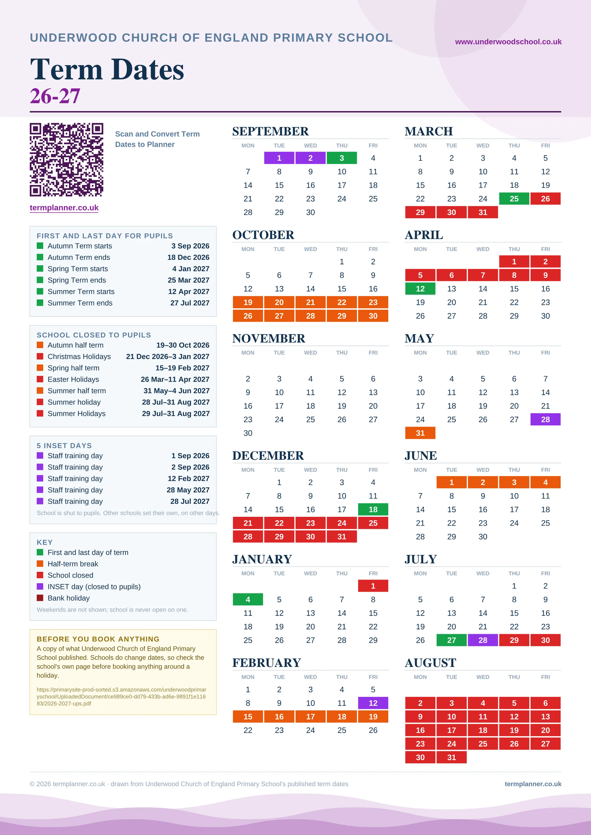 Underwood Church of England Primary School’s 2026/27 school year drawn as one sheet: twelve month grids from September to August, Monday to Friday, with autumn term 3 September to 18 December 2026, spring term 4 January to 25 March 2027, summer term 12 April to 27 July 2027. Half terms, holidays and bank holidays are filled in colour, the first and last day of each term is marked, 5 INSET days are picked out, and every date is listed again in words down the left.