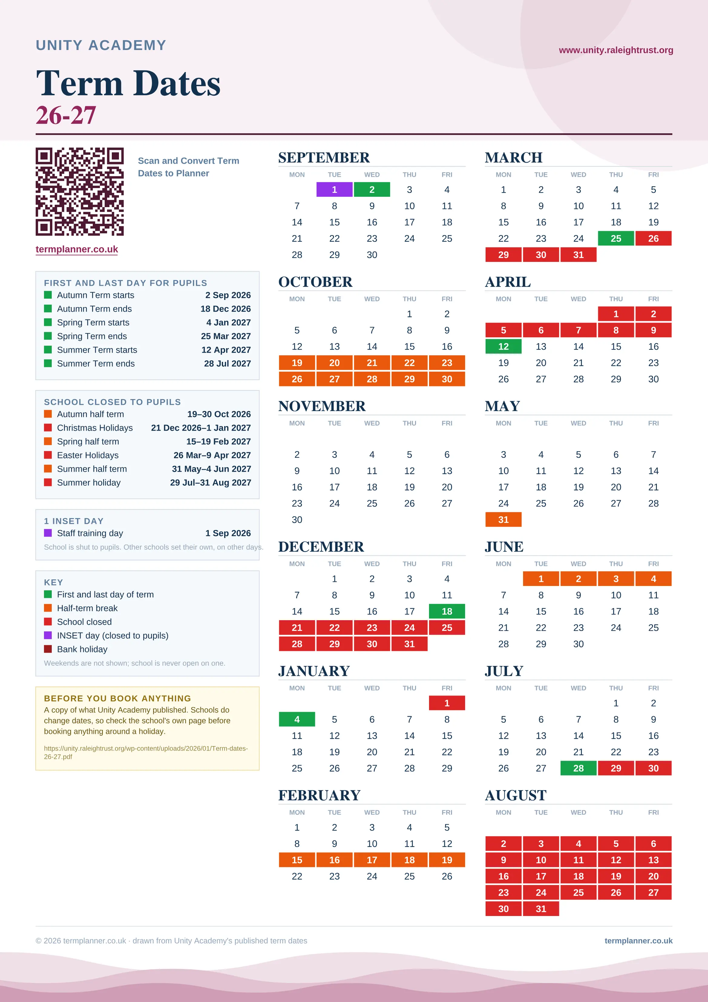 Unity Academy’s 2026/27 school year drawn as one sheet: twelve month grids from September to August, Monday to Friday, with autumn term 2 September to 18 December 2026, spring term 4 January to 25 March 2027, summer term 12 April to 28 July 2027. Half terms, holidays and bank holidays are filled in colour, the first and last day of each term is marked, 1 INSET day is picked out, and every date is listed again in words down the left.