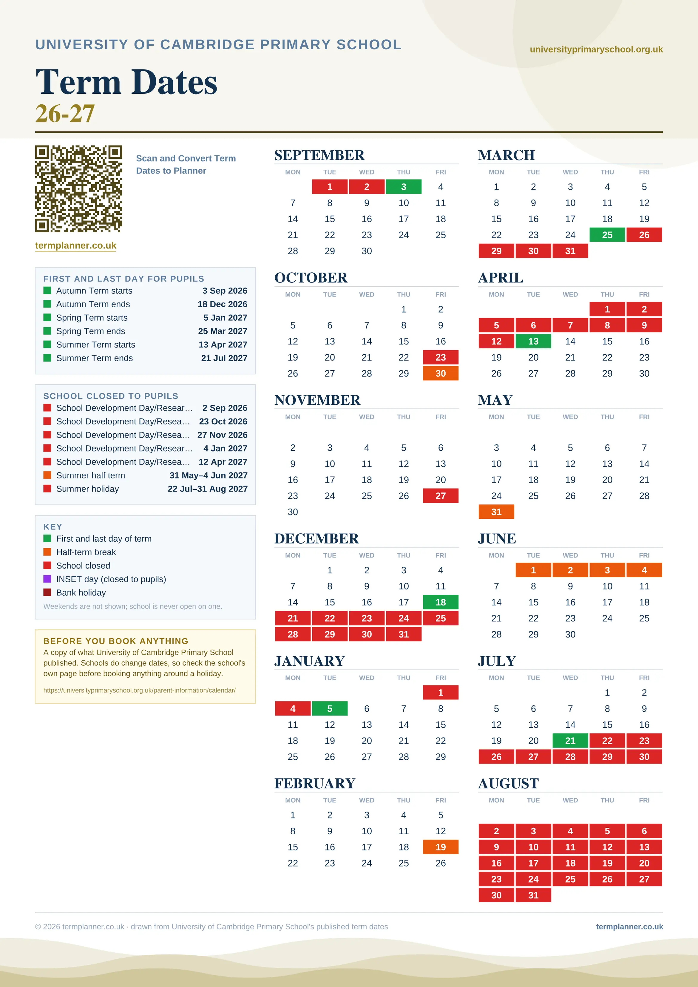 University of Cambridge Primary School’s 2026/27 school year drawn as one sheet: twelve month grids from September to August, Monday to Friday, with autumn term 3 September to 18 December 2026, spring term 5 January to 25 March 2027, summer term 13 April to 21 July 2027. Half terms, holidays and bank holidays are filled in colour, the first and last day of each term is marked, and every date is listed again in words down the left.