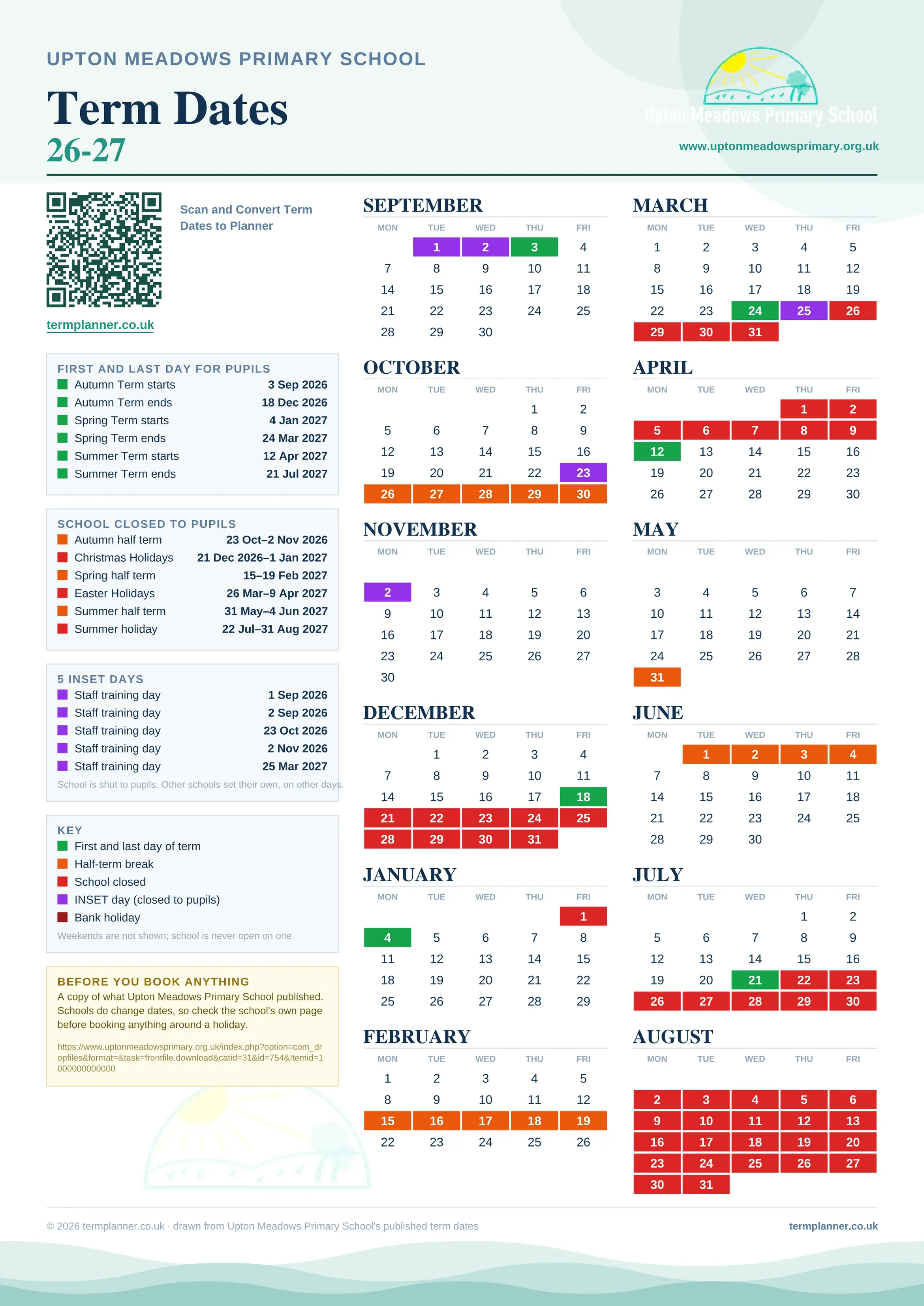 Upton Meadows Primary School’s 2026/27 school year drawn as one sheet: twelve month grids from September to August, Monday to Friday, with autumn term 3 September to 18 December 2026, spring term 4 January to 24 March 2027, summer term 12 April to 21 July 2027. Half terms, holidays and bank holidays are filled in colour, the first and last day of each term is marked, 5 INSET days are picked out, and every date is listed again in words down the left.