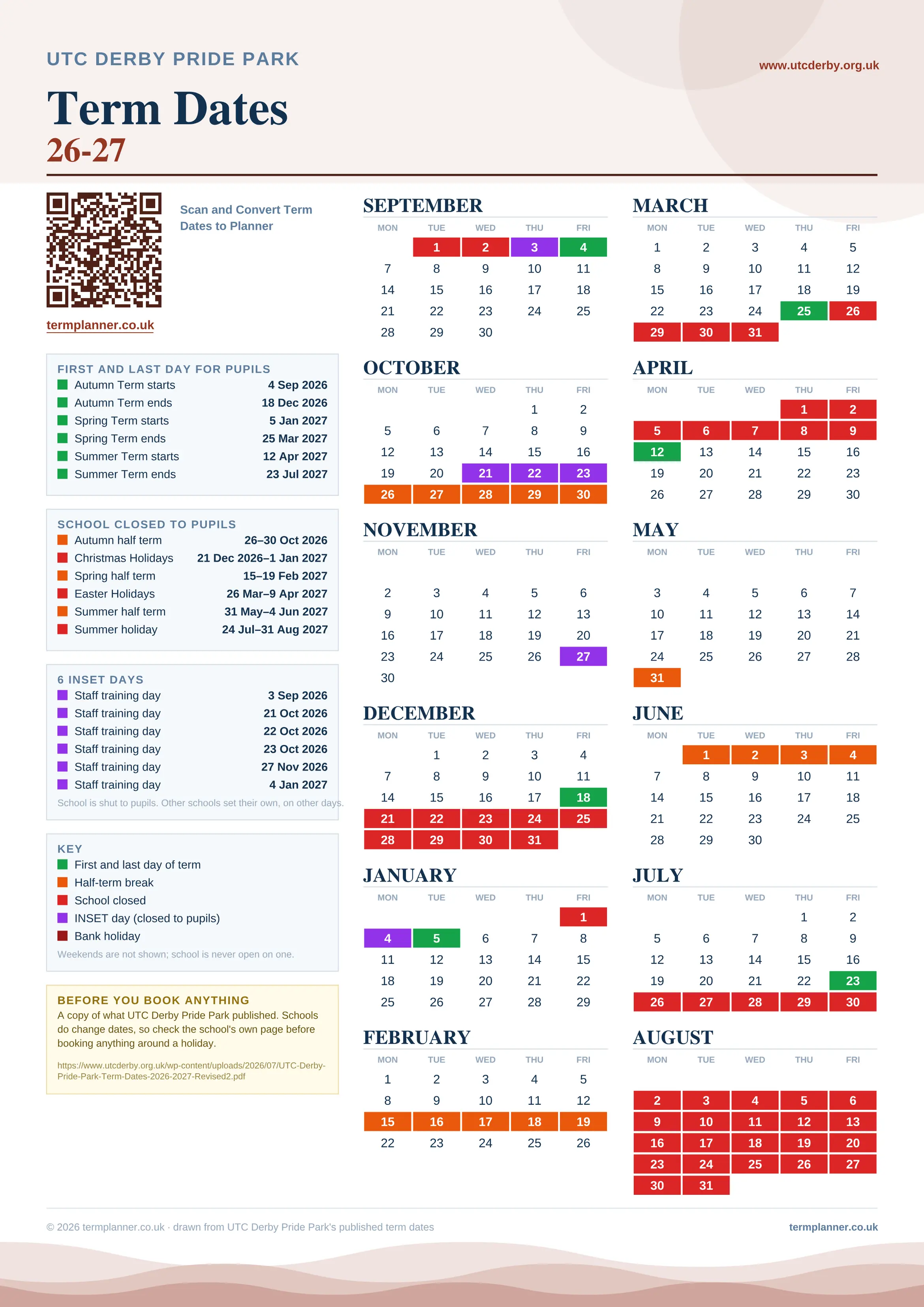 UTC Derby Pride Park’s 2026/27 school year drawn as one sheet: twelve month grids from September to August, Monday to Friday, with autumn term 4 September to 18 December 2026, spring term 5 January to 25 March 2027, summer term 12 April to 23 July 2027. Half terms, holidays and bank holidays are filled in colour, the first and last day of each term is marked, 6 INSET days are picked out, and every date is listed again in words down the left.