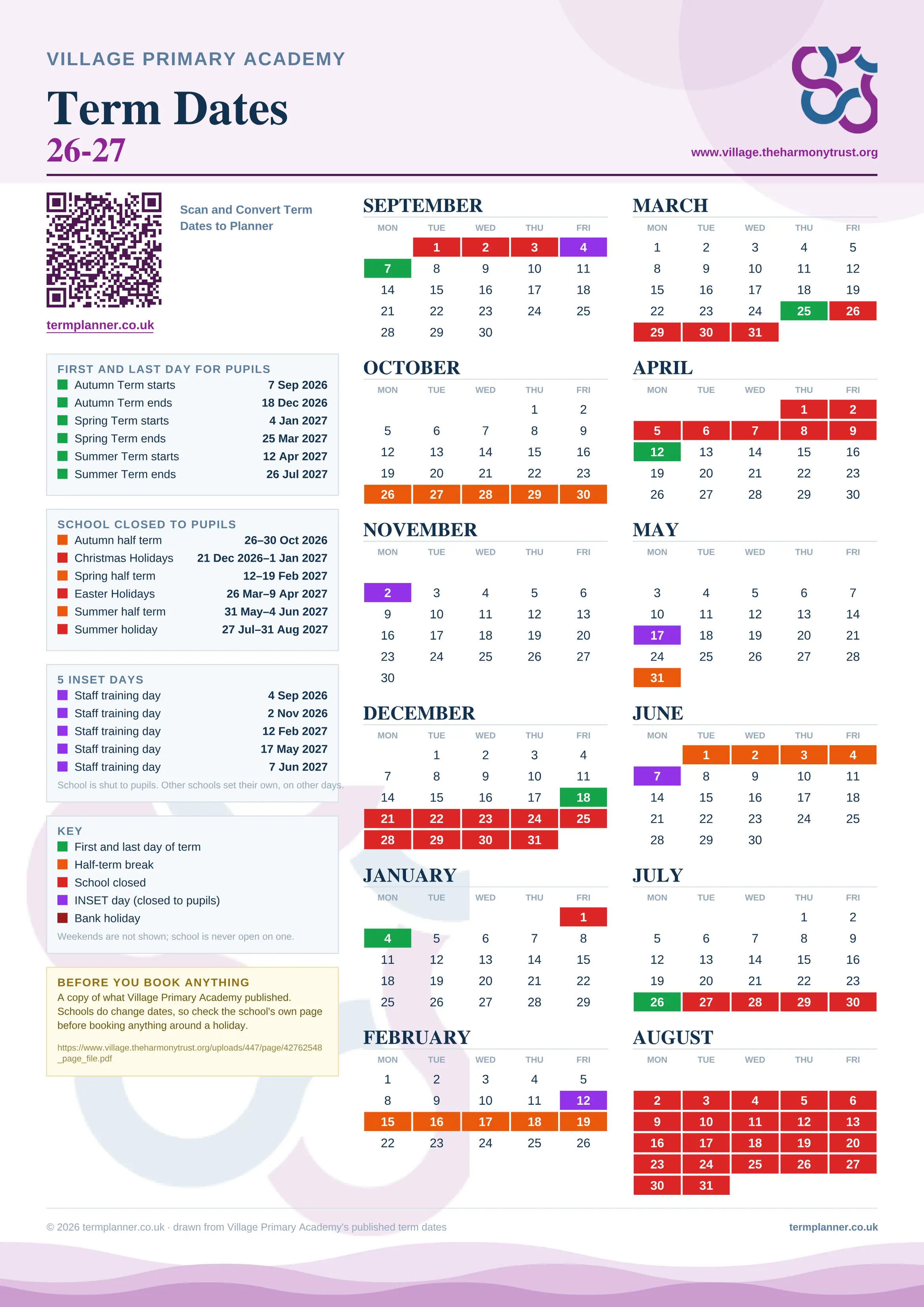 Village Primary Academy’s 2026/27 school year drawn as one sheet: twelve month grids from September to August, Monday to Friday, with autumn term 7 September to 18 December 2026, spring term 4 January to 25 March 2027, summer term 12 April to 26 July 2027. Half terms, holidays and bank holidays are filled in colour, the first and last day of each term is marked, 5 INSET days are picked out, and every date is listed again in words down the left.