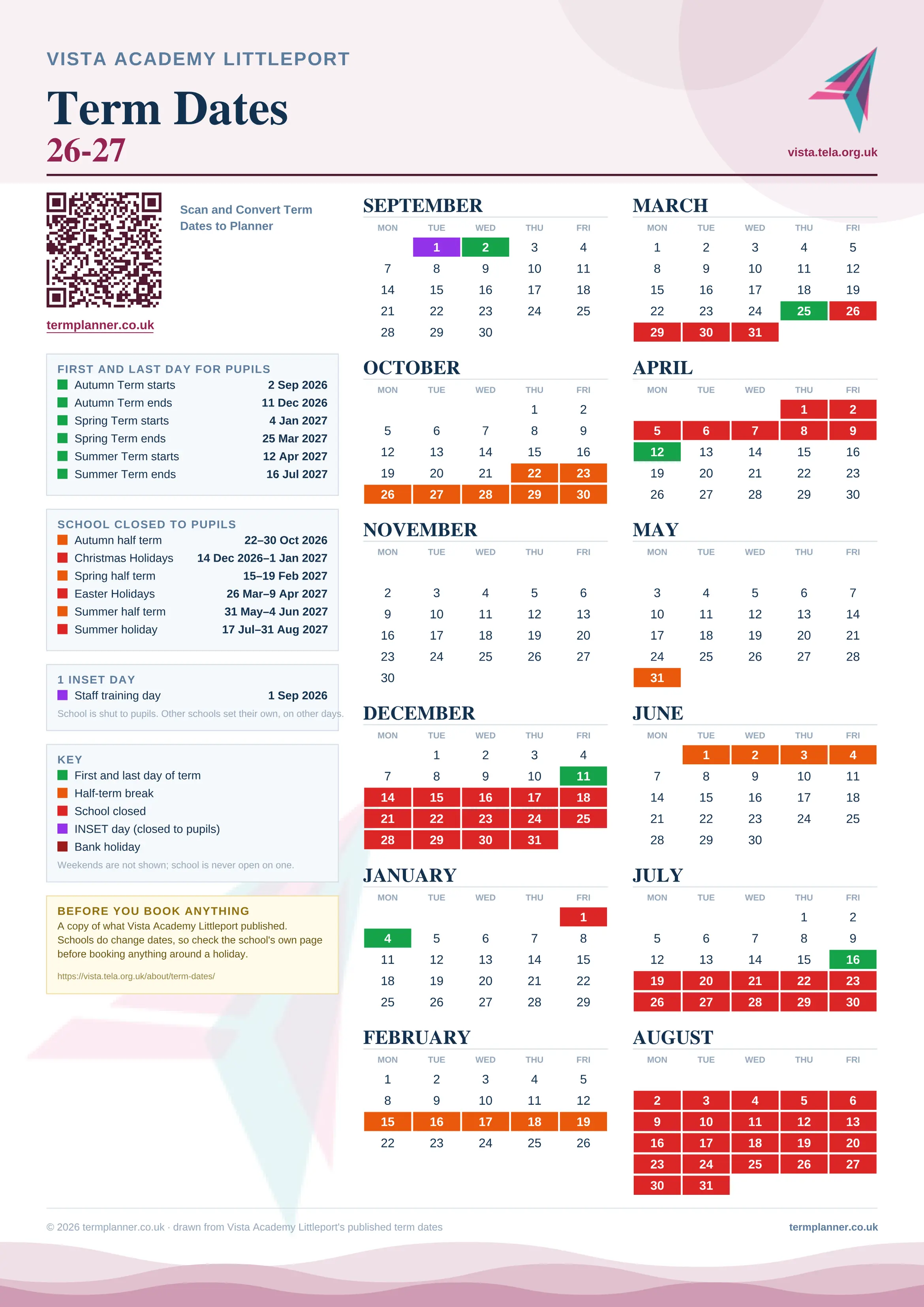 Vista Academy Littleport’s 2026/27 school year drawn as one sheet: twelve month grids from September to August, Monday to Friday, with autumn term 2 September to 11 December 2026, spring term 4 January to 25 March 2027, summer term 12 April to 16 July 2027. Half terms, holidays and bank holidays are filled in colour, the first and last day of each term is marked, 1 INSET day is picked out, and every date is listed again in words down the left.