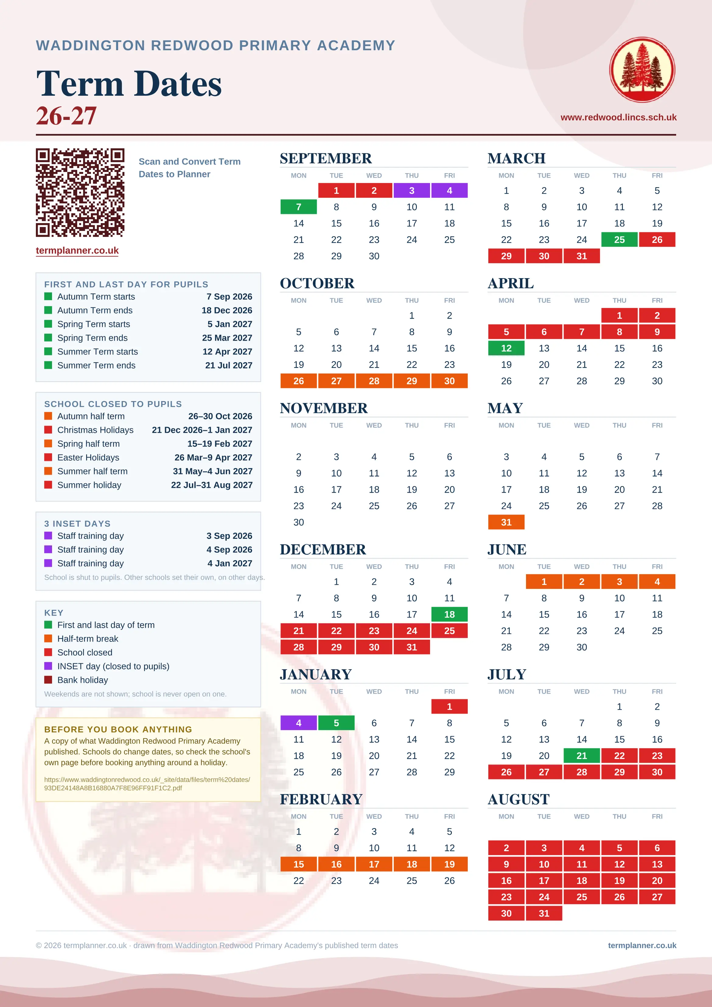 Waddington Redwood Primary Academy’s 2026/27 school year drawn as one sheet: twelve month grids from September to August, Monday to Friday, with autumn term 7 September to 18 December 2026, spring term 5 January to 25 March 2027, summer term 12 April to 21 July 2027. Half terms, holidays and bank holidays are filled in colour, the first and last day of each term is marked, 3 INSET days are picked out, and every date is listed again in words down the left.