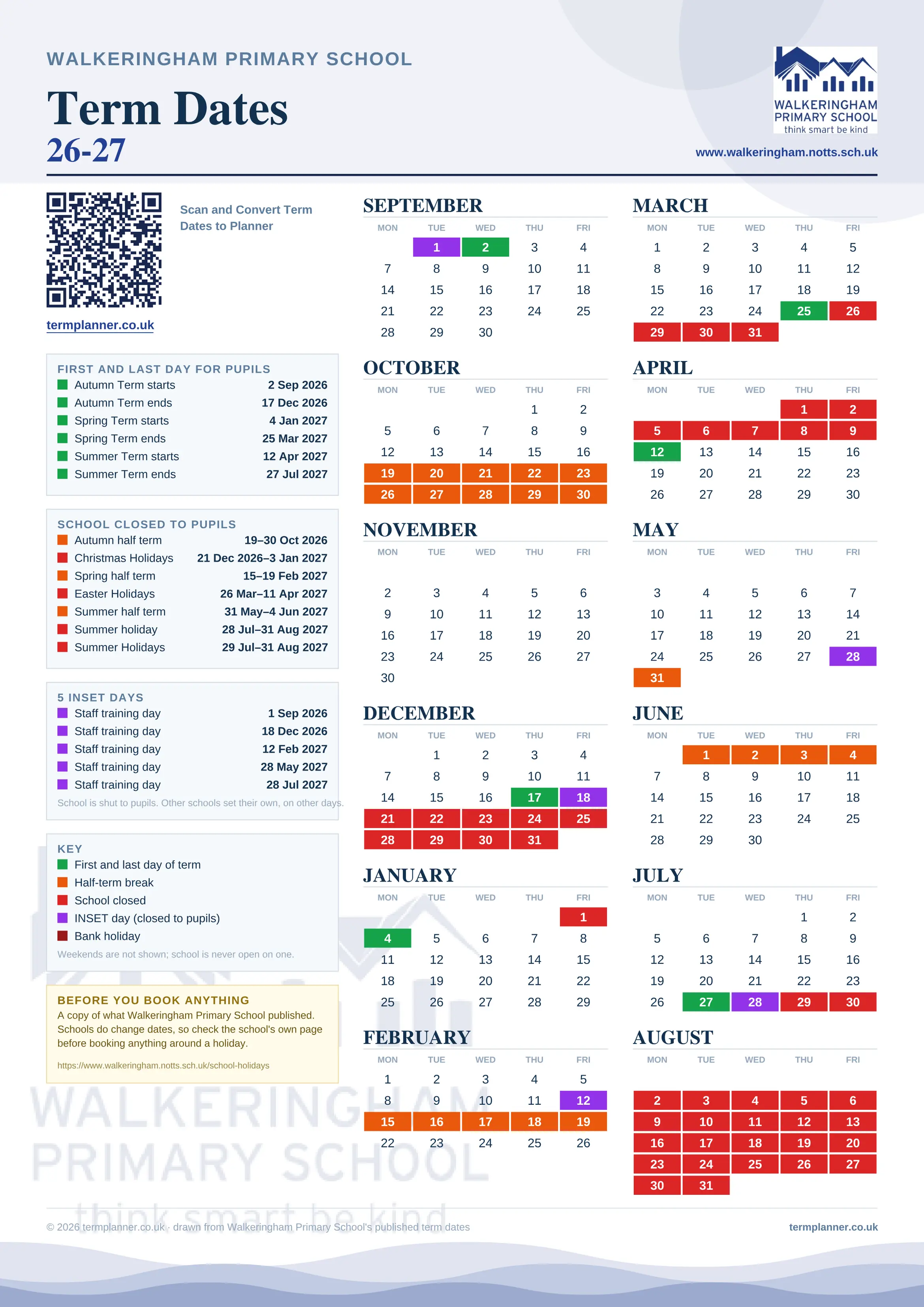 Walkeringham Primary School’s 2026/27 school year drawn as one sheet: twelve month grids from September to August, Monday to Friday, with autumn term 2 September to 17 December 2026, spring term 4 January to 25 March 2027, summer term 12 April to 27 July 2027. Half terms, holidays and bank holidays are filled in colour, the first and last day of each term is marked, 5 INSET days are picked out, and every date is listed again in words down the left.