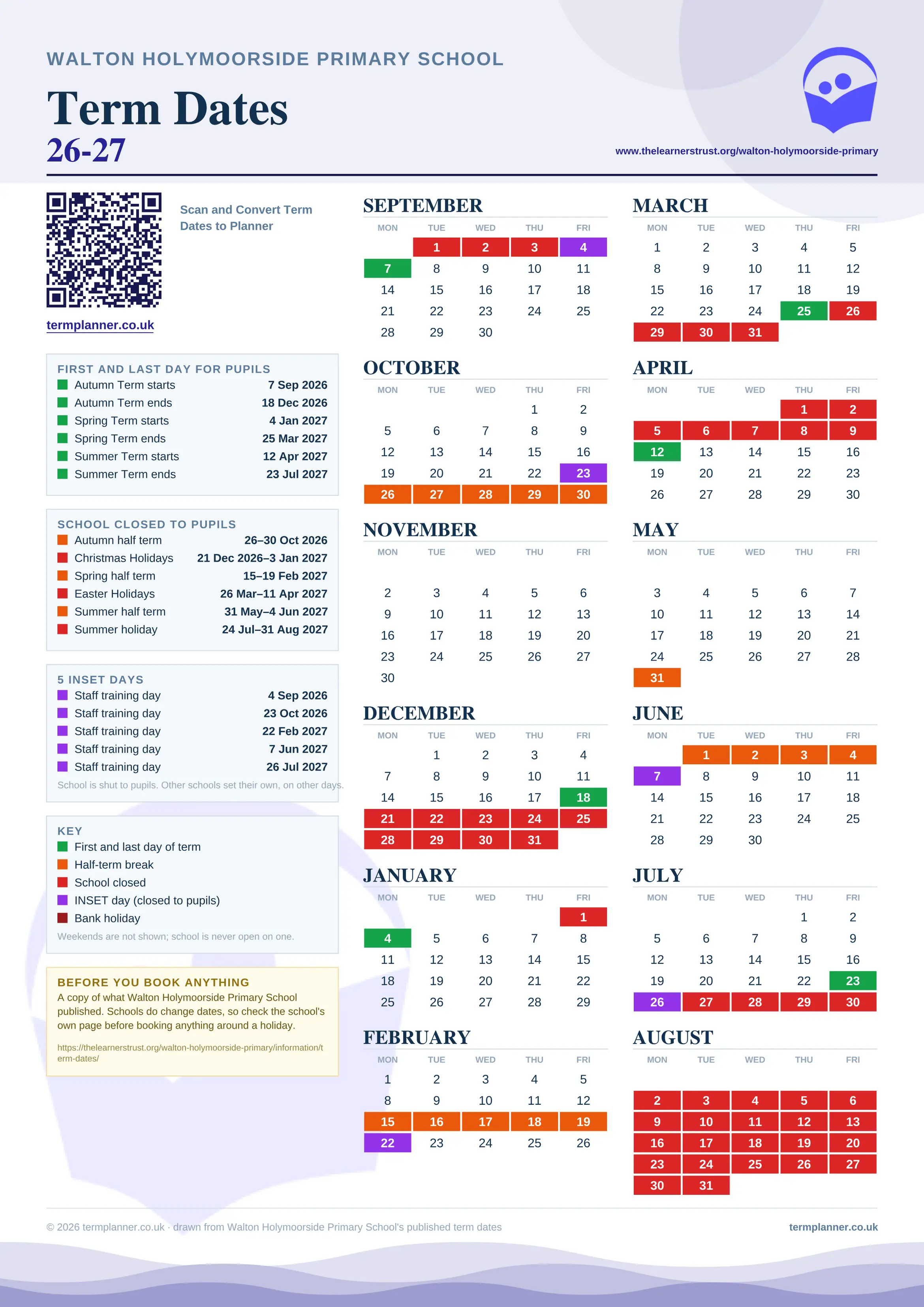 Walton Holymoorside Primary School’s 2026/27 school year drawn as one sheet: twelve month grids from September to August, Monday to Friday, with autumn term 7 September to 18 December 2026, spring term 4 January to 25 March 2027, summer term 12 April to 23 July 2027. Half terms, holidays and bank holidays are filled in colour, the first and last day of each term is marked, 5 INSET days are picked out, and every date is listed again in words down the left.