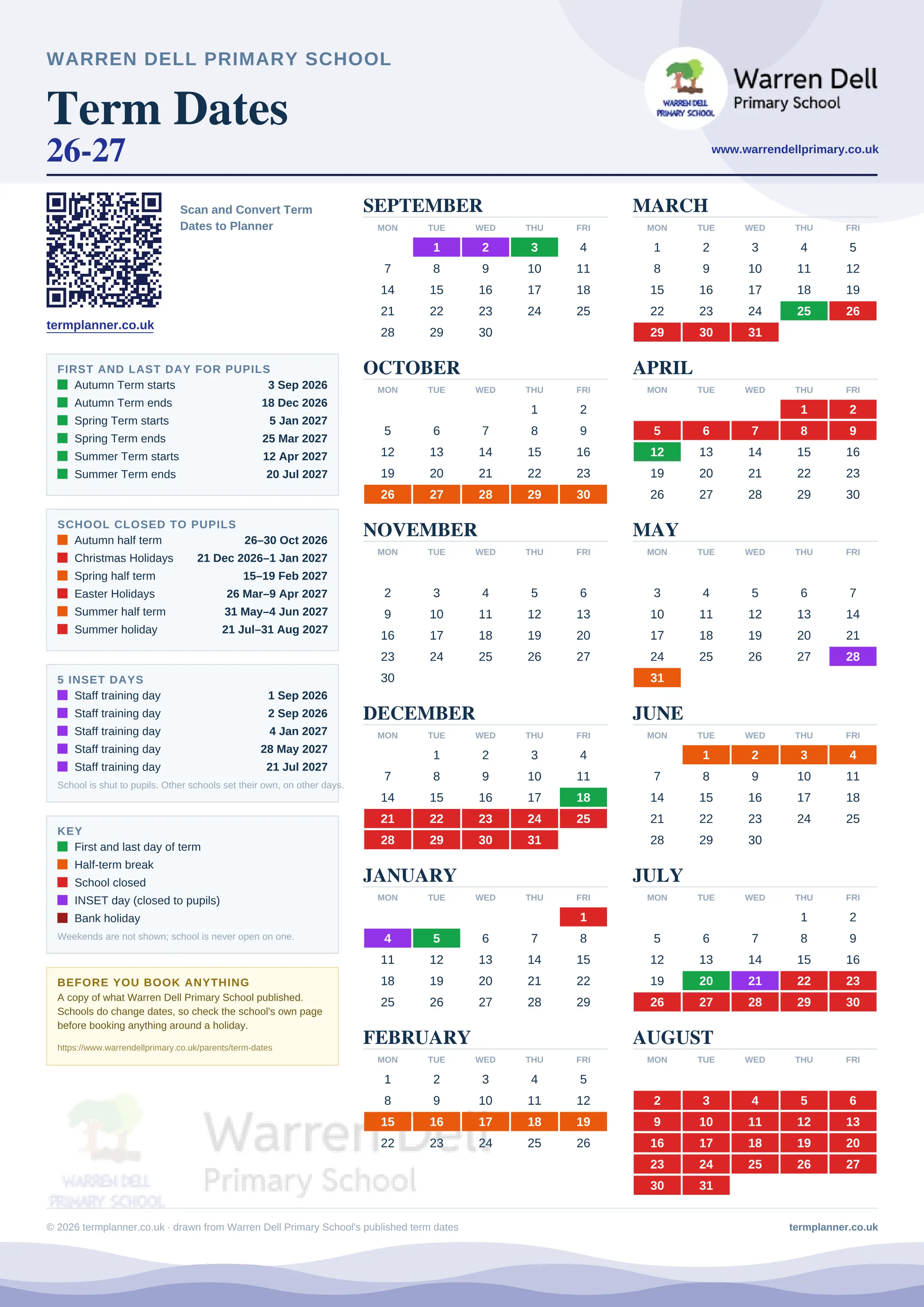 Warren Dell Primary School’s 2026/27 school year drawn as one sheet: twelve month grids from September to August, Monday to Friday, with autumn term 3 September to 18 December 2026, spring term 5 January to 25 March 2027, summer term 12 April to 20 July 2027. Half terms, holidays and bank holidays are filled in colour, the first and last day of each term is marked, 5 INSET days are picked out, and every date is listed again in words down the left.