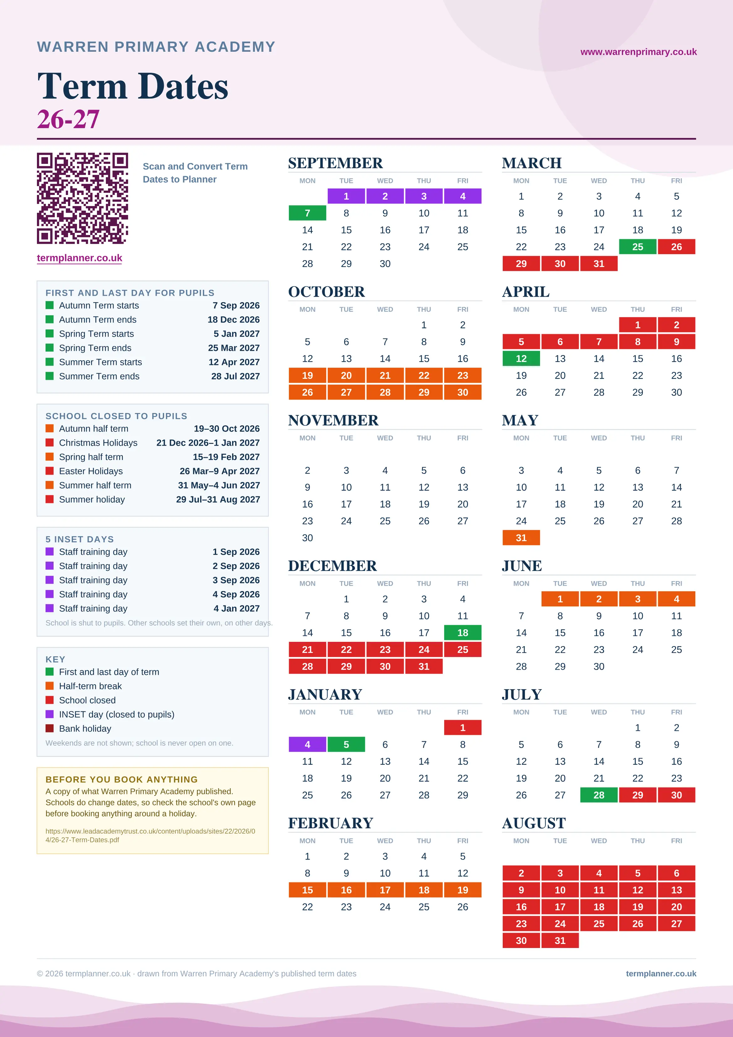 Warren Primary Academy’s 2026/27 school year drawn as one sheet: twelve month grids from September to August, Monday to Friday, with autumn term 7 September to 18 December 2026, spring term 5 January to 25 March 2027, summer term 12 April to 28 July 2027. Half terms, holidays and bank holidays are filled in colour, the first and last day of each term is marked, 5 INSET days are picked out, and every date is listed again in words down the left.