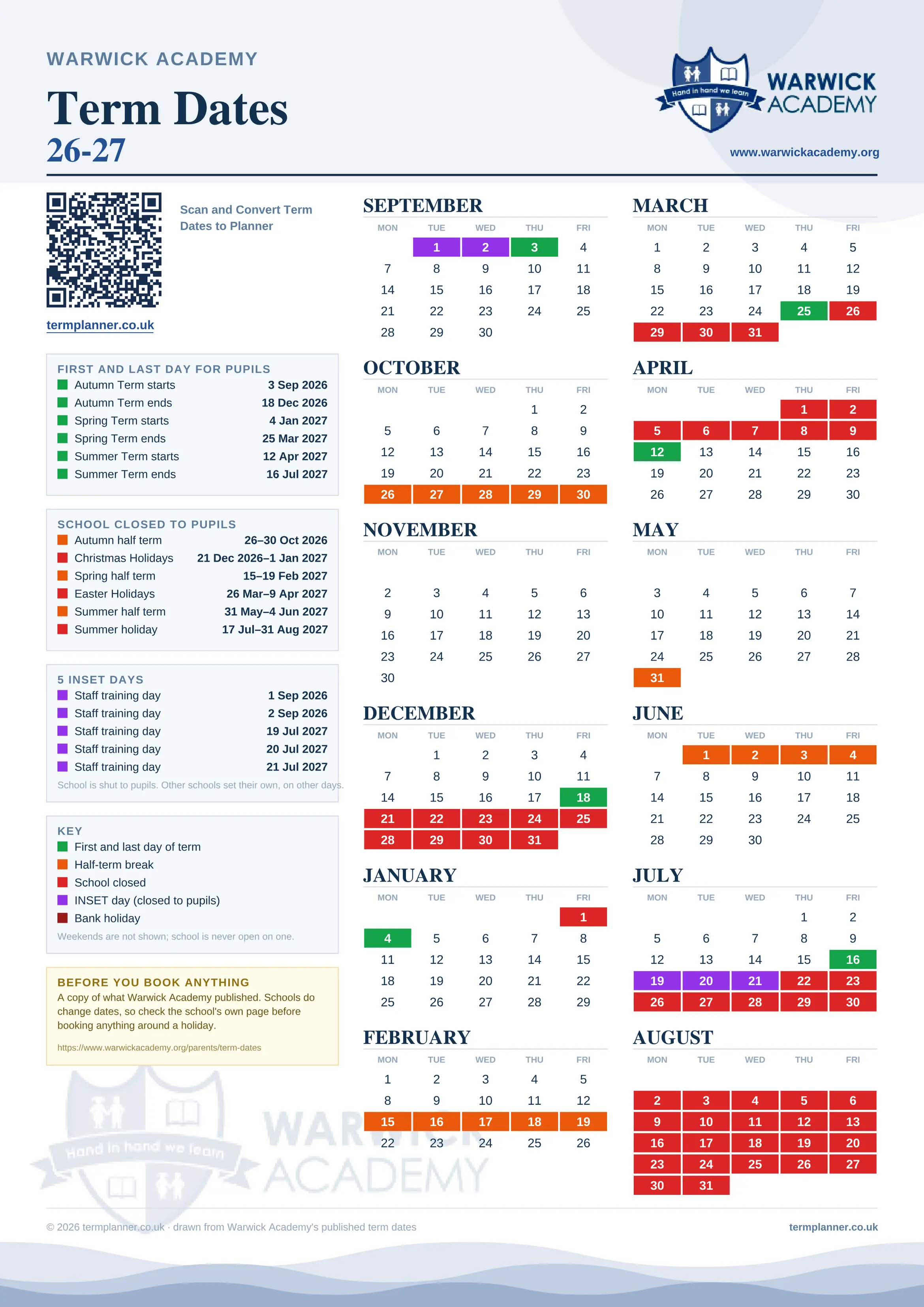 Warwick Academy’s 2026/27 school year drawn as one sheet: twelve month grids from September to August, Monday to Friday, with autumn term 3 September to 18 December 2026, spring term 4 January to 25 March 2027, summer term 12 April to 16 July 2027. Half terms, holidays and bank holidays are filled in colour, the first and last day of each term is marked, 5 INSET days are picked out, and every date is listed again in words down the left.