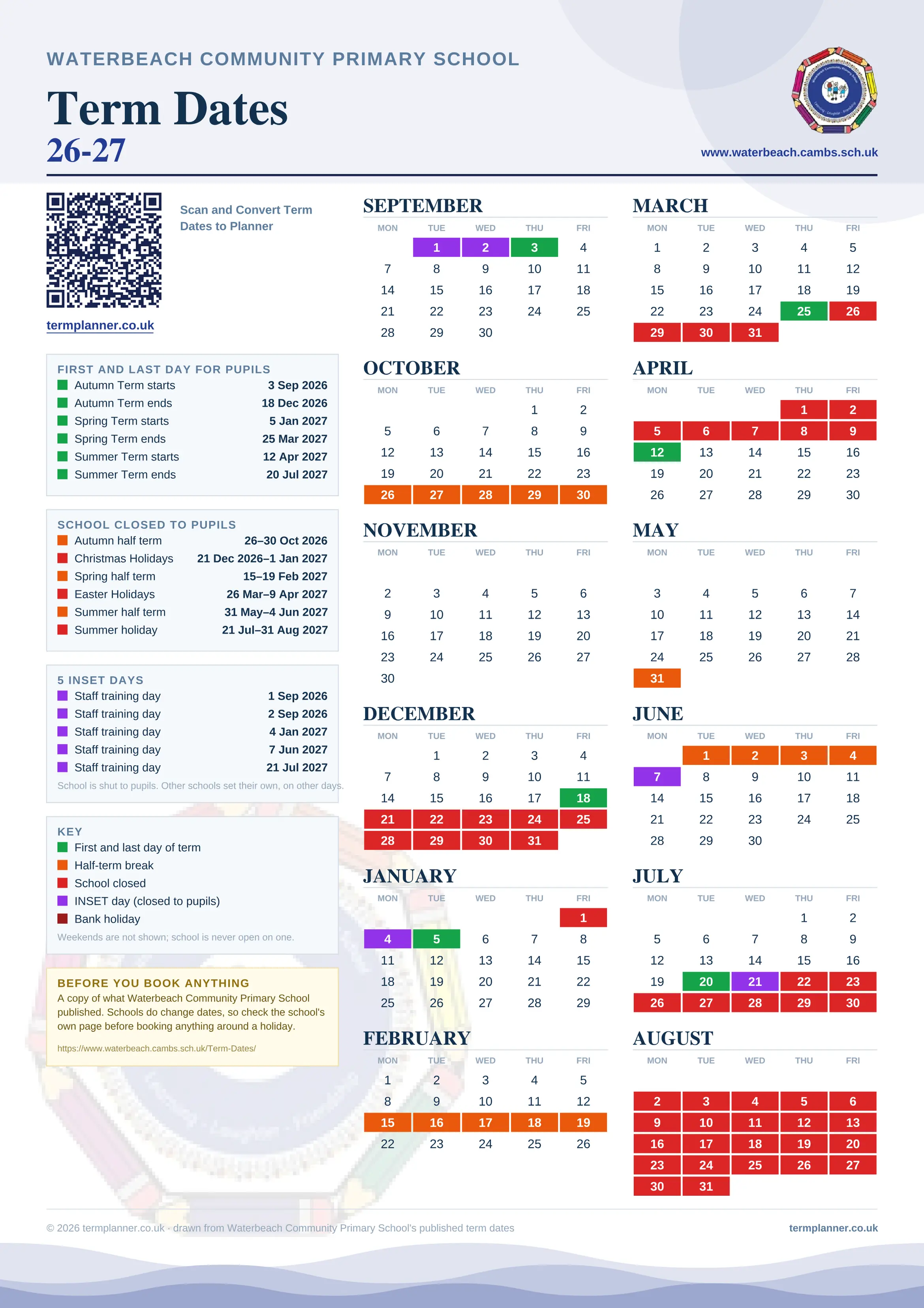 Waterbeach Community Primary School’s 2026/27 school year drawn as one sheet: twelve month grids from September to August, Monday to Friday, with autumn term 3 September to 18 December 2026, spring term 5 January to 25 March 2027, summer term 12 April to 20 July 2027. Half terms, holidays and bank holidays are filled in colour, the first and last day of each term is marked, 5 INSET days are picked out, and every date is listed again in words down the left.