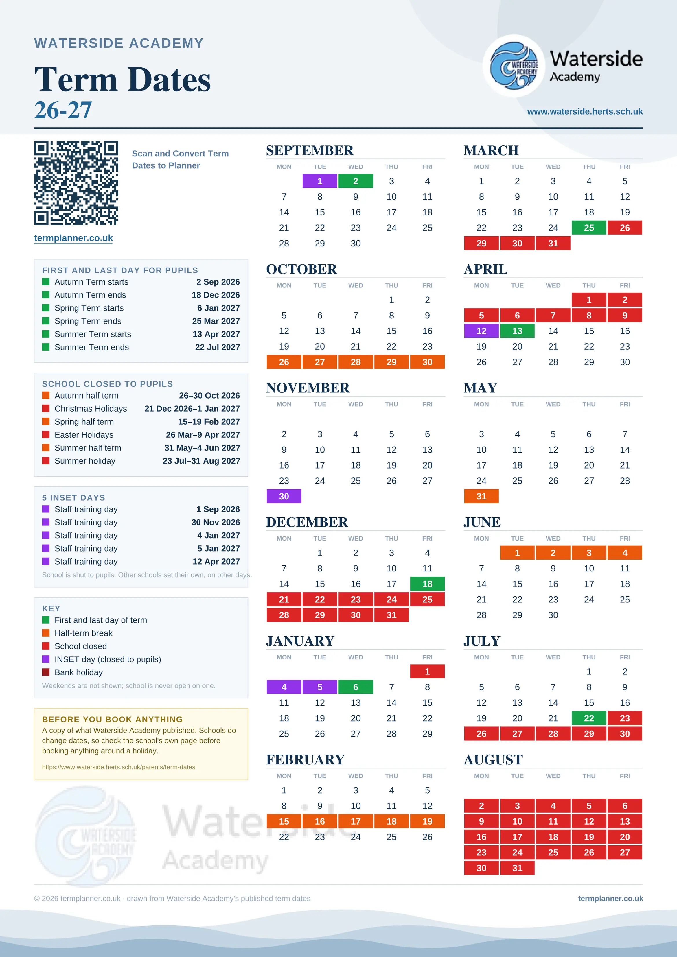 Waterside Academy’s 2026/27 school year drawn as one sheet: twelve month grids from September to August, Monday to Friday, with autumn term 2 September to 18 December 2026, spring term 6 January to 25 March 2027, summer term 13 April to 22 July 2027. Half terms, holidays and bank holidays are filled in colour, the first and last day of each term is marked, 5 INSET days are picked out, and every date is listed again in words down the left.