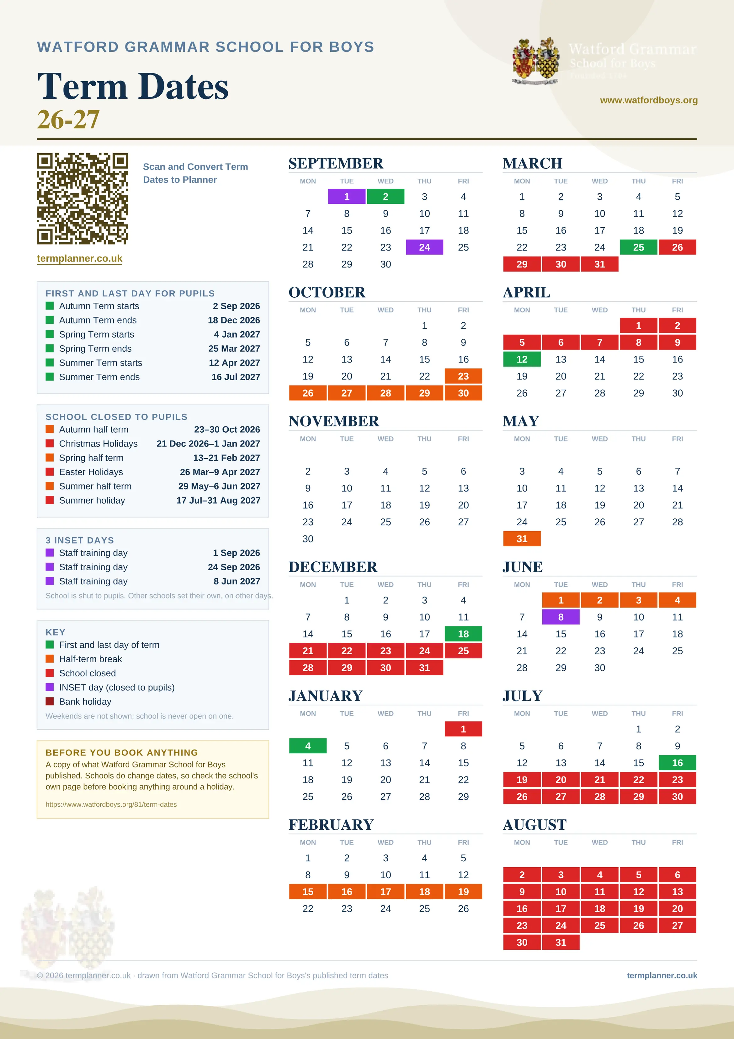 Watford Grammar School for Boys’s 2026/27 school year drawn as one sheet: twelve month grids from September to August, Monday to Friday, with autumn term 2 September to 18 December 2026, spring term 4 January to 25 March 2027, summer term 12 April to 16 July 2027. Half terms, holidays and bank holidays are filled in colour, the first and last day of each term is marked, 3 INSET days are picked out, and every date is listed again in words down the left.