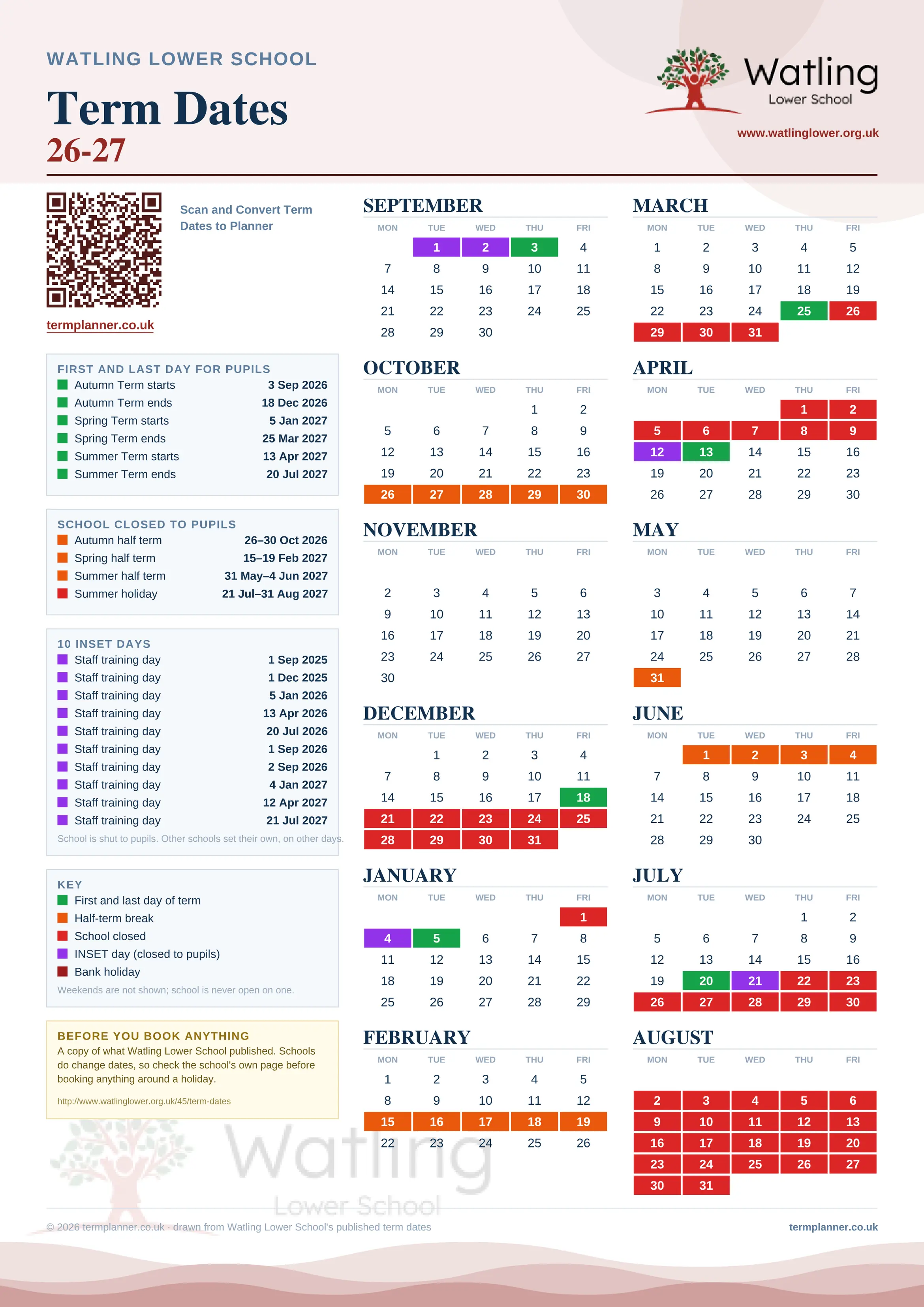 Watling Lower School’s 2026/27 school year drawn as one sheet: twelve month grids from September to August, Monday to Friday, with autumn term 3 September to 18 December 2026, spring term 5 January to 25 March 2027, summer term 13 April to 20 July 2027. Half terms, holidays and bank holidays are filled in colour, the first and last day of each term is marked, 10 INSET days are picked out, and every date is listed again in words down the left.