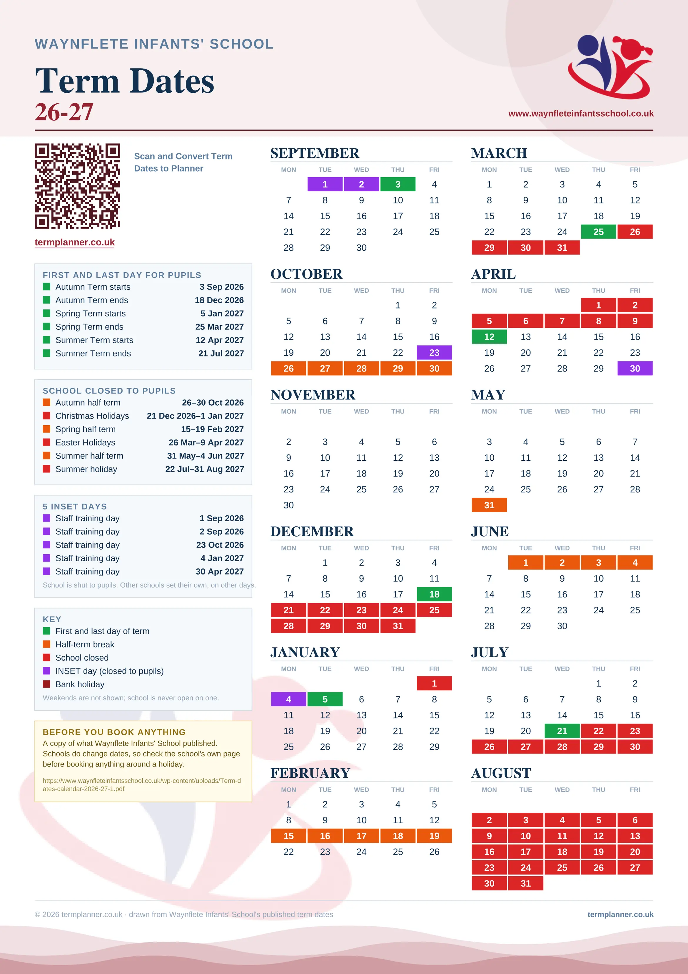 Waynflete Infants' School’s 2026/27 school year drawn as one sheet: twelve month grids from September to August, Monday to Friday, with autumn term 3 September to 18 December 2026, spring term 5 January to 25 March 2027, summer term 12 April to 21 July 2027. Half terms, holidays and bank holidays are filled in colour, the first and last day of each term is marked, 5 INSET days are picked out, and every date is listed again in words down the left.