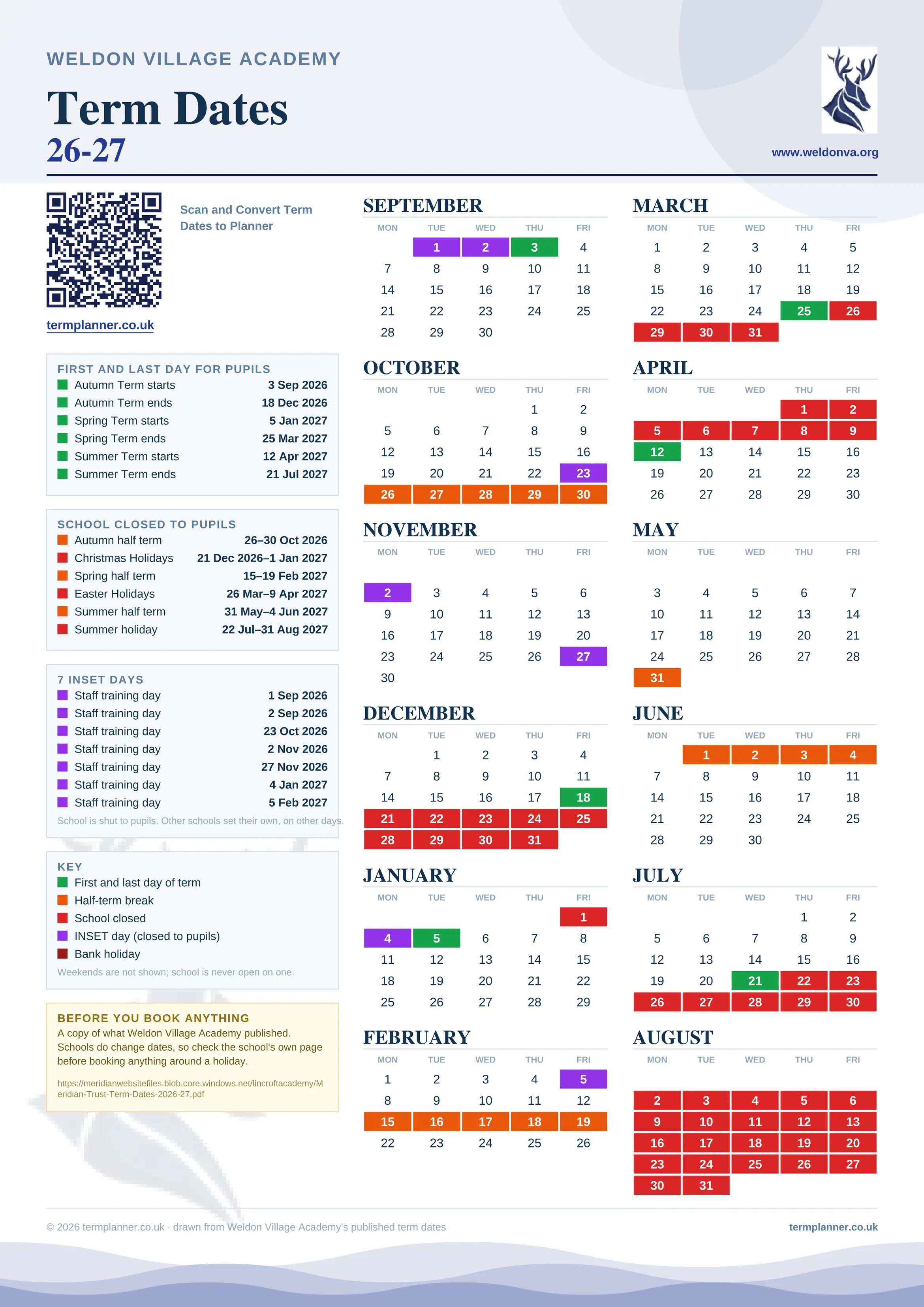 Weldon Village Academy’s 2026/27 school year drawn as one sheet: twelve month grids from September to August, Monday to Friday, with autumn term 3 September to 18 December 2026, spring term 5 January to 25 March 2027, summer term 12 April to 21 July 2027. Half terms, holidays and bank holidays are filled in colour, the first and last day of each term is marked, 7 INSET days are picked out, and every date is listed again in words down the left.