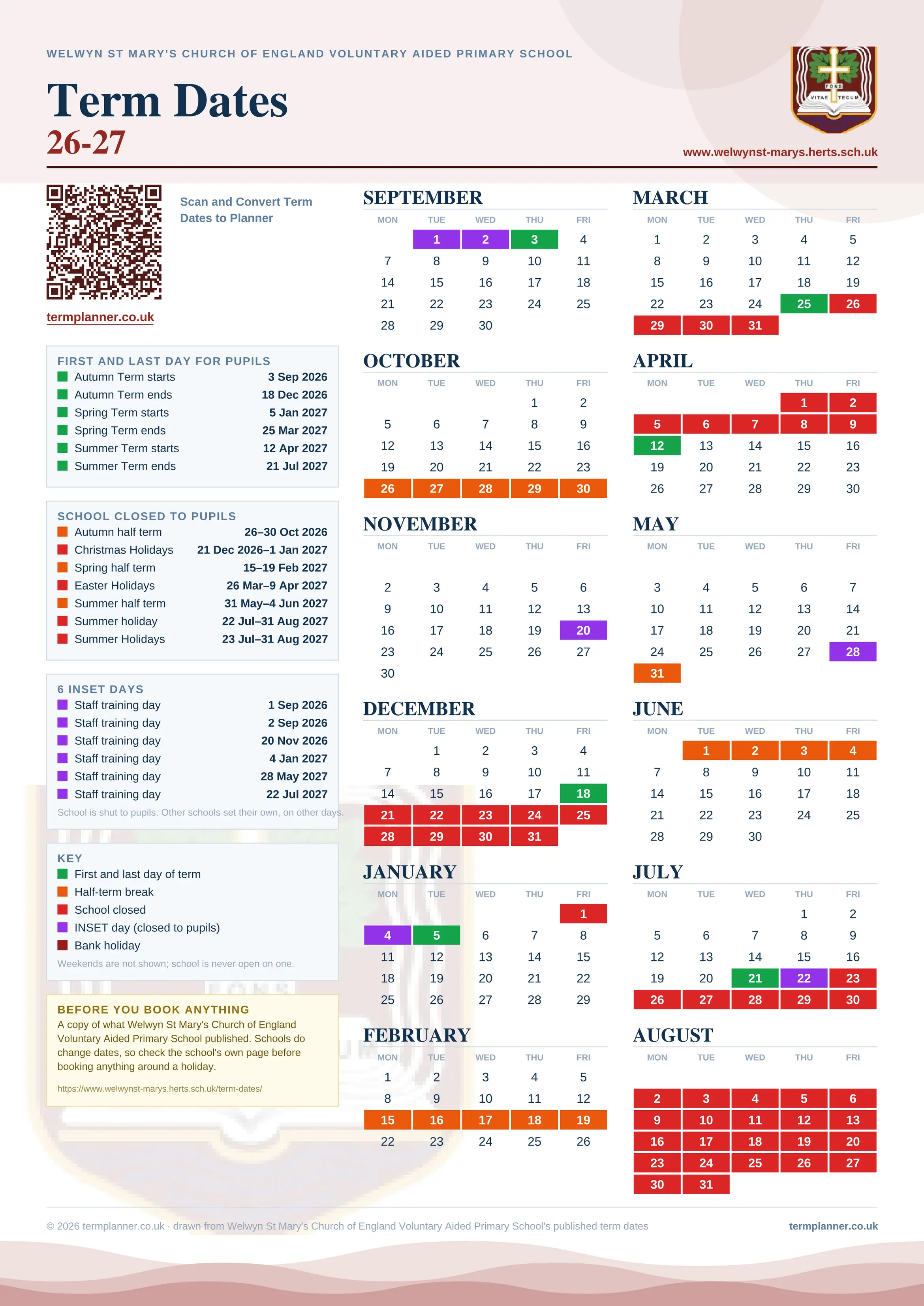 Welwyn St Mary's Church of England Voluntary Aided Primary School’s 2026/27 school year drawn as one sheet: twelve month grids from September to August, Monday to Friday, with autumn term 3 September to 18 December 2026, spring term 5 January to 25 March 2027, summer term 12 April to 21 July 2027. Half terms, holidays and bank holidays are filled in colour, the first and last day of each term is marked, 6 INSET days are picked out, and every date is listed again in words down the left.