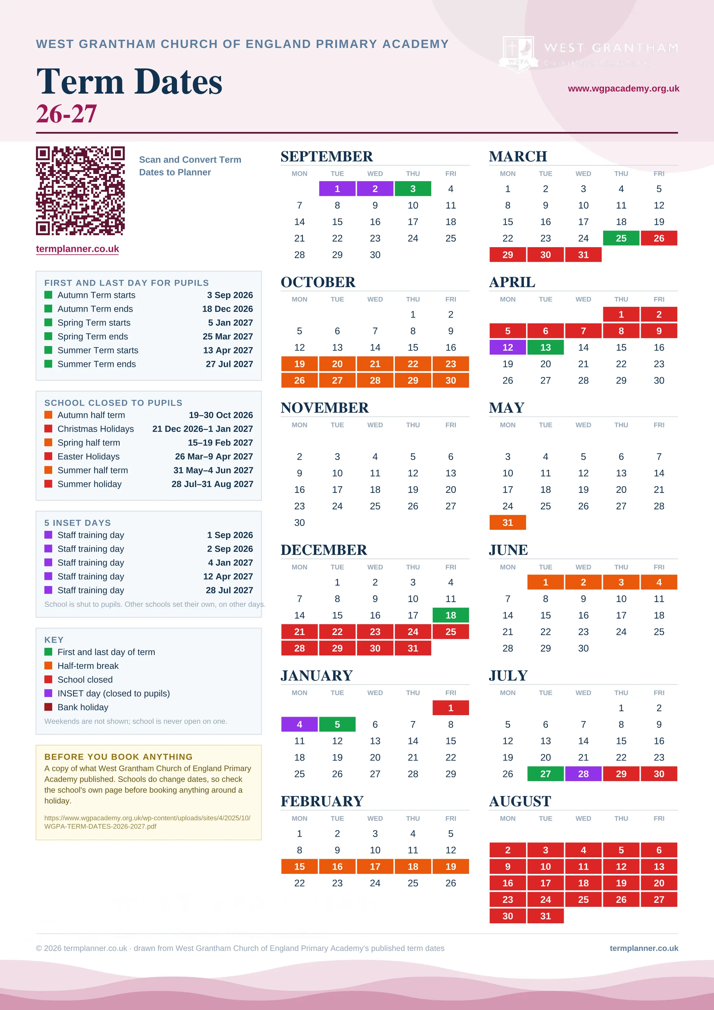 West Grantham Church of England Primary Academy’s 2026/27 school year drawn as one sheet: twelve month grids from September to August, Monday to Friday, with autumn term 3 September to 18 December 2026, spring term 5 January to 25 March 2027, summer term 13 April to 27 July 2027. Half terms, holidays and bank holidays are filled in colour, the first and last day of each term is marked, 5 INSET days are picked out, and every date is listed again in words down the left.