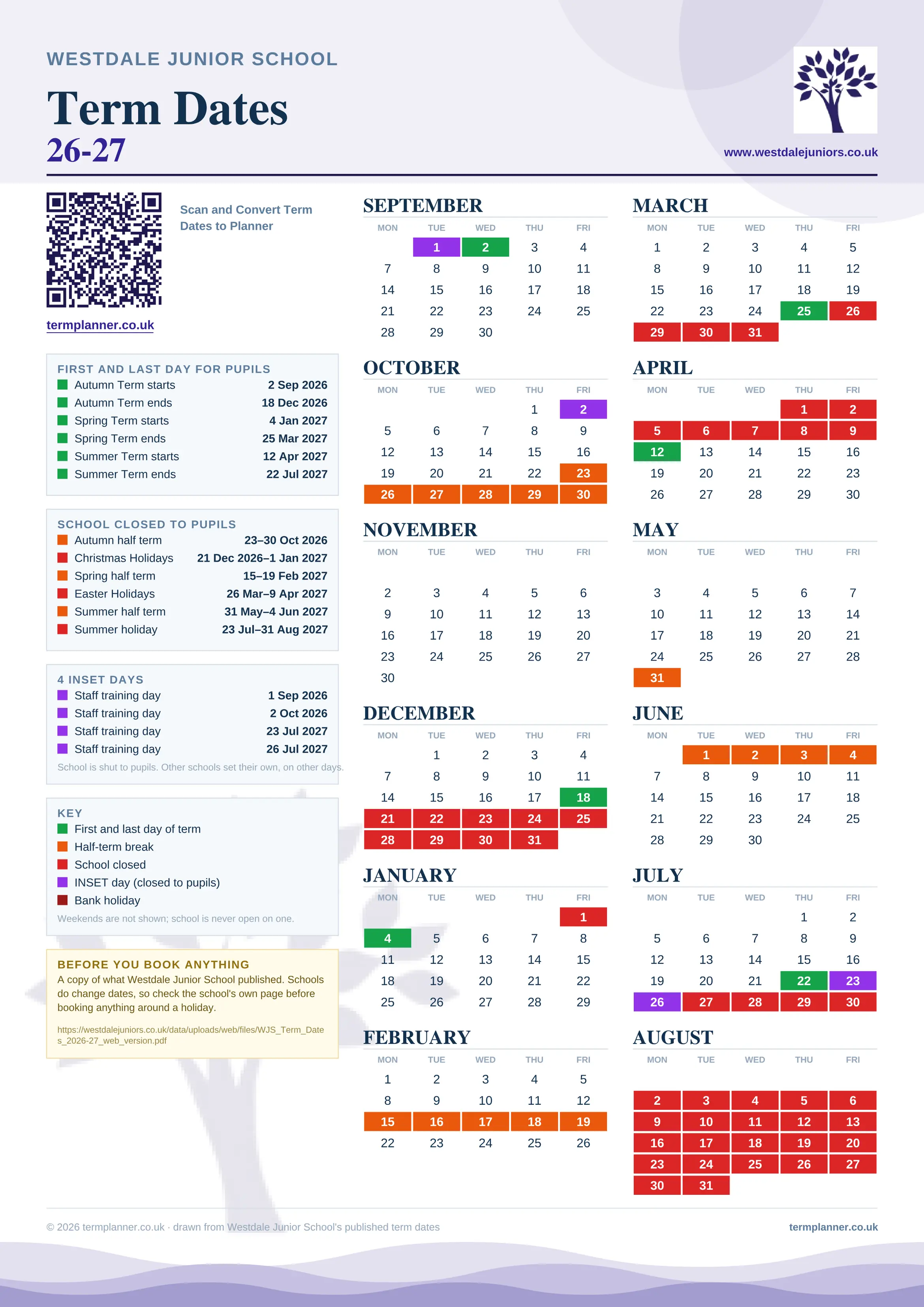 Westdale Junior School’s 2026/27 school year drawn as one sheet: twelve month grids from September to August, Monday to Friday, with autumn term 2 September to 18 December 2026, spring term 4 January to 25 March 2027, summer term 12 April to 22 July 2027. Half terms, holidays and bank holidays are filled in colour, the first and last day of each term is marked, 4 INSET days are picked out, and every date is listed again in words down the left.