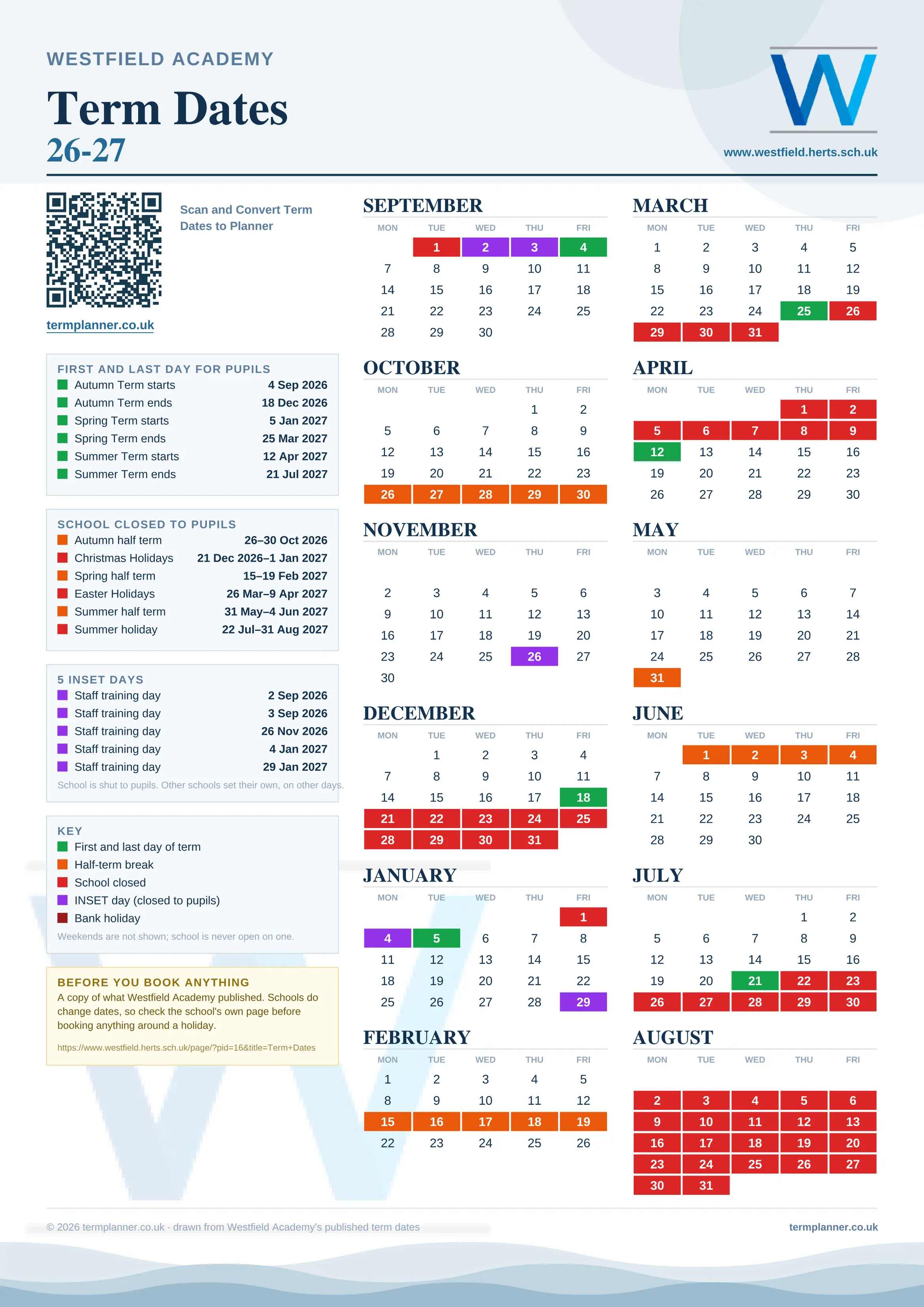 Westfield Academy’s 2026/27 school year drawn as one sheet: twelve month grids from September to August, Monday to Friday, with autumn term 4 September to 18 December 2026, spring term 5 January to 25 March 2027, summer term 12 April to 21 July 2027. Half terms, holidays and bank holidays are filled in colour, the first and last day of each term is marked, 5 INSET days are picked out, and every date is listed again in words down the left.