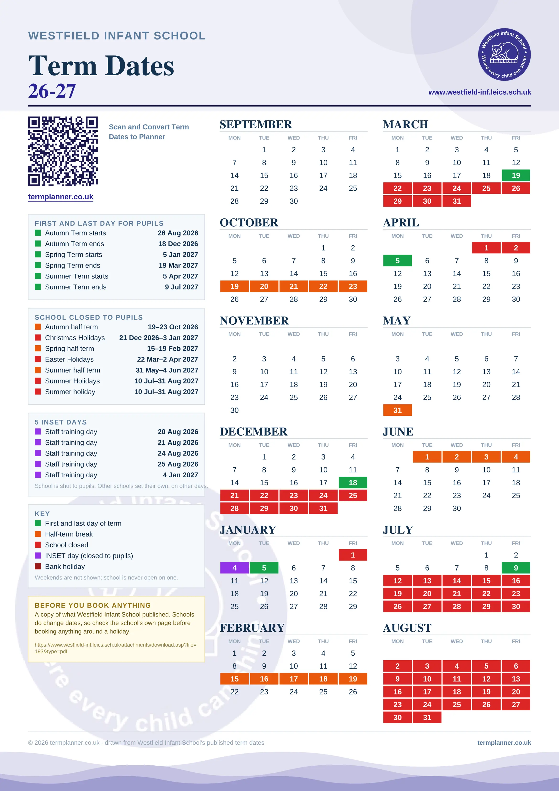 Westfield Infant School’s 2026/27 school year drawn as one sheet: twelve month grids from September to August, Monday to Friday, with autumn term 26 August to 18 December 2026, spring term 5 January to 19 March 2027, summer term 5 April to 9 July 2027. Half terms, holidays and bank holidays are filled in colour, the first and last day of each term is marked, 5 INSET days are picked out, and every date is listed again in words down the left.