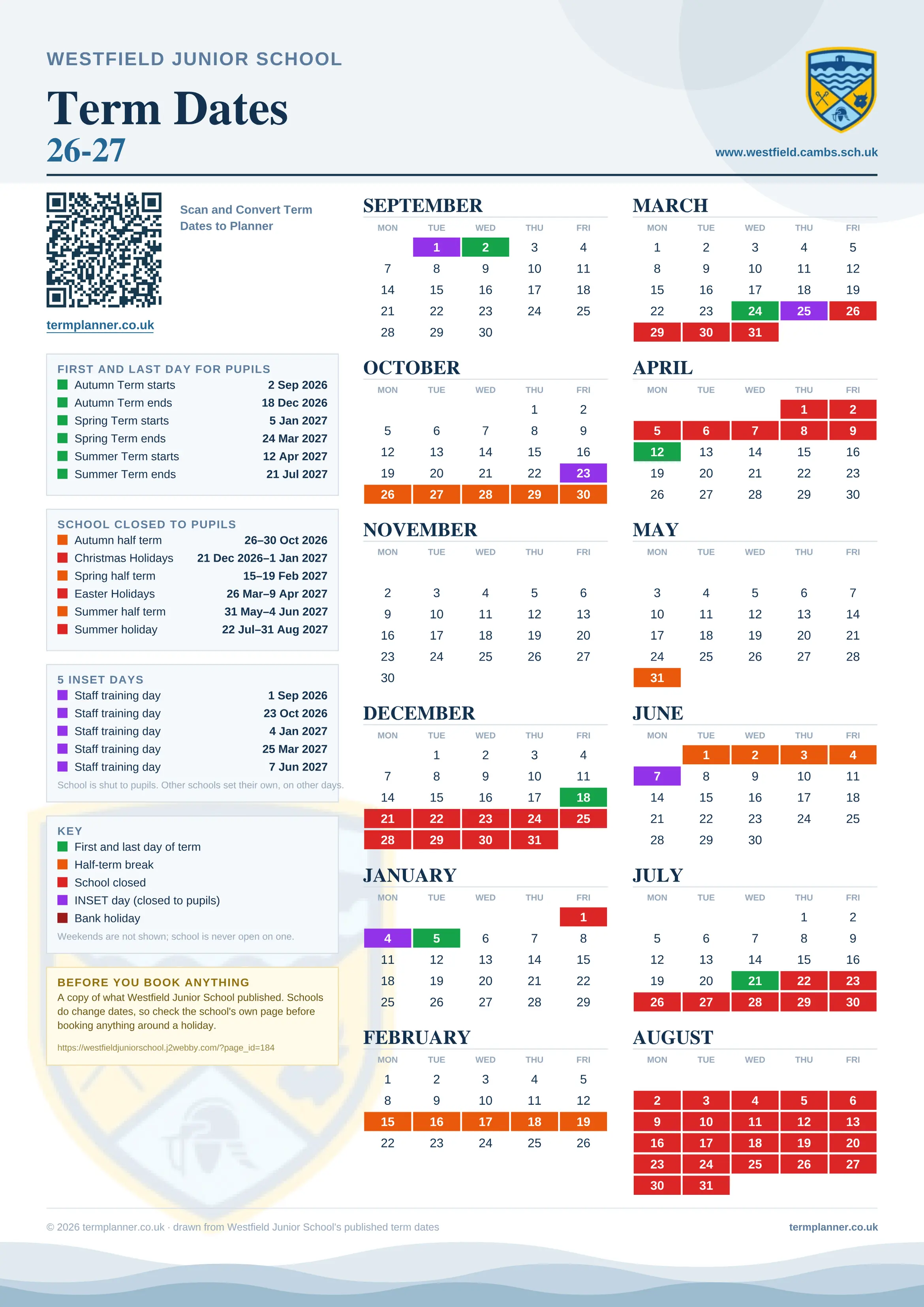 Westfield Junior School’s 2026/27 school year drawn as one sheet: twelve month grids from September to August, Monday to Friday, with autumn term 2 September to 18 December 2026, spring term 5 January to 24 March 2027, summer term 12 April to 21 July 2027. Half terms, holidays and bank holidays are filled in colour, the first and last day of each term is marked, 5 INSET days are picked out, and every date is listed again in words down the left.