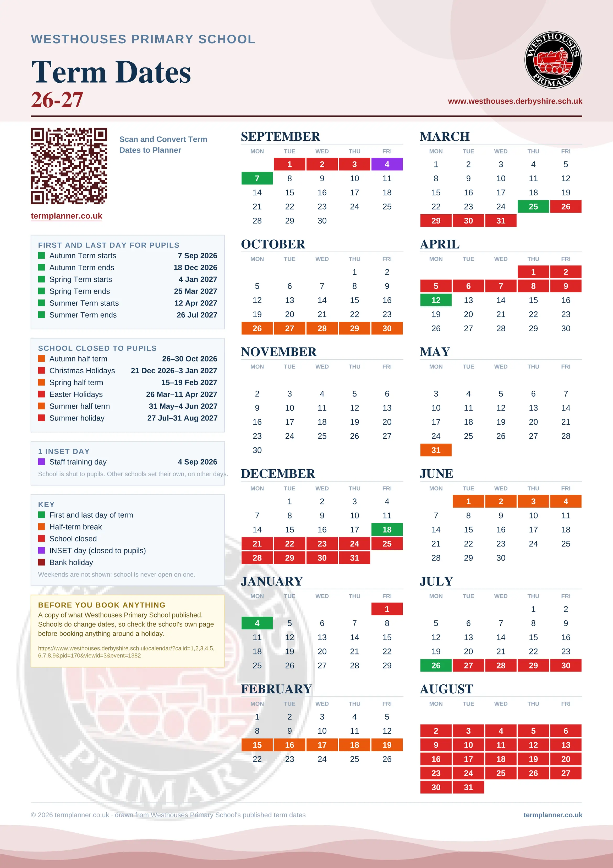 Westhouses Primary School’s 2026/27 school year drawn as one sheet: twelve month grids from September to August, Monday to Friday, with autumn term 7 September to 18 December 2026, spring term 4 January to 25 March 2027, summer term 12 April to 26 July 2027. Half terms, holidays and bank holidays are filled in colour, the first and last day of each term is marked, 1 INSET day is picked out, and every date is listed again in words down the left.