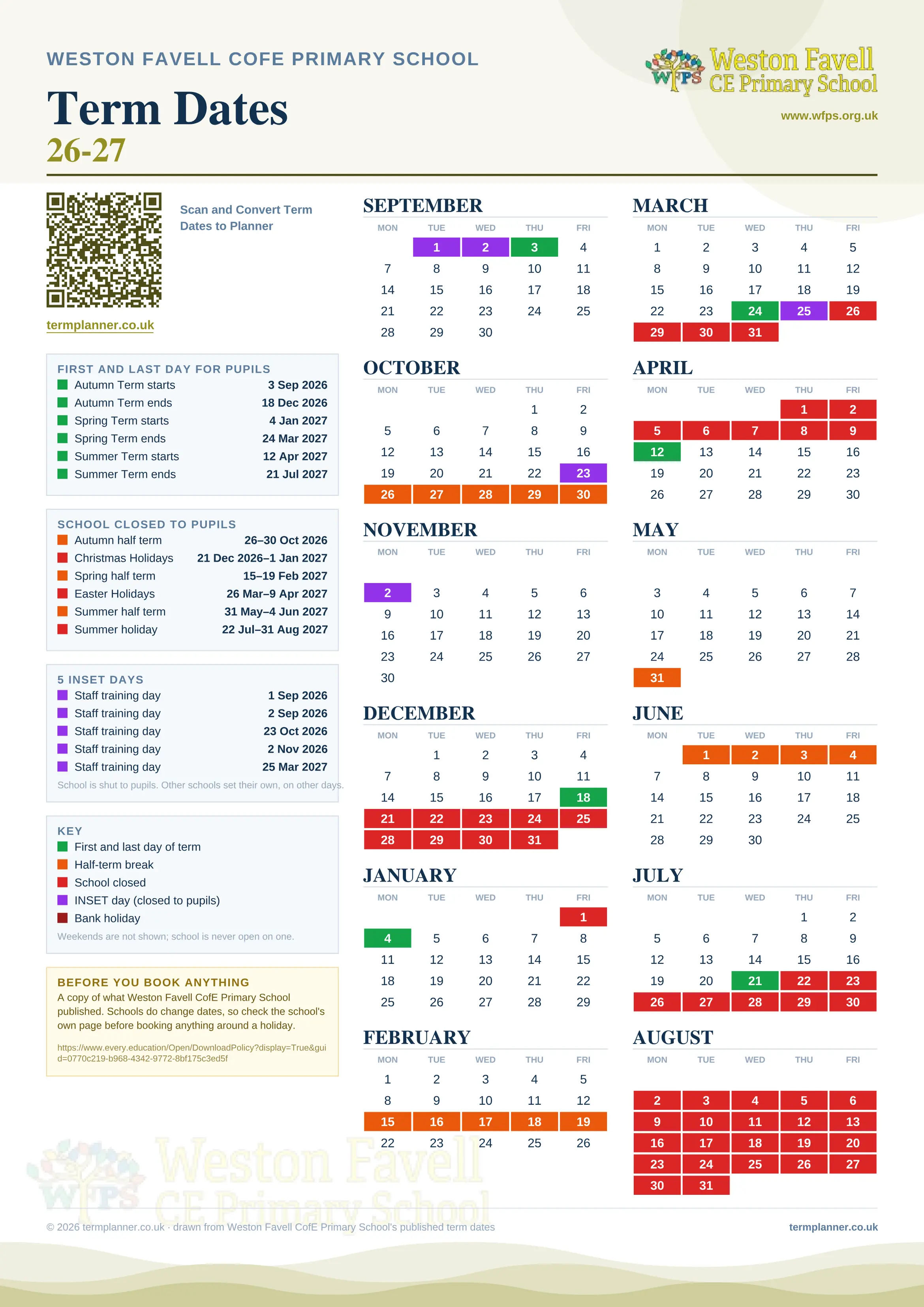 Weston Favell CofE Primary School’s 2026/27 school year drawn as one sheet: twelve month grids from September to August, Monday to Friday, with autumn term 3 September to 18 December 2026, spring term 4 January to 24 March 2027, summer term 12 April to 21 July 2027. Half terms, holidays and bank holidays are filled in colour, the first and last day of each term is marked, 5 INSET days are picked out, and every date is listed again in words down the left.