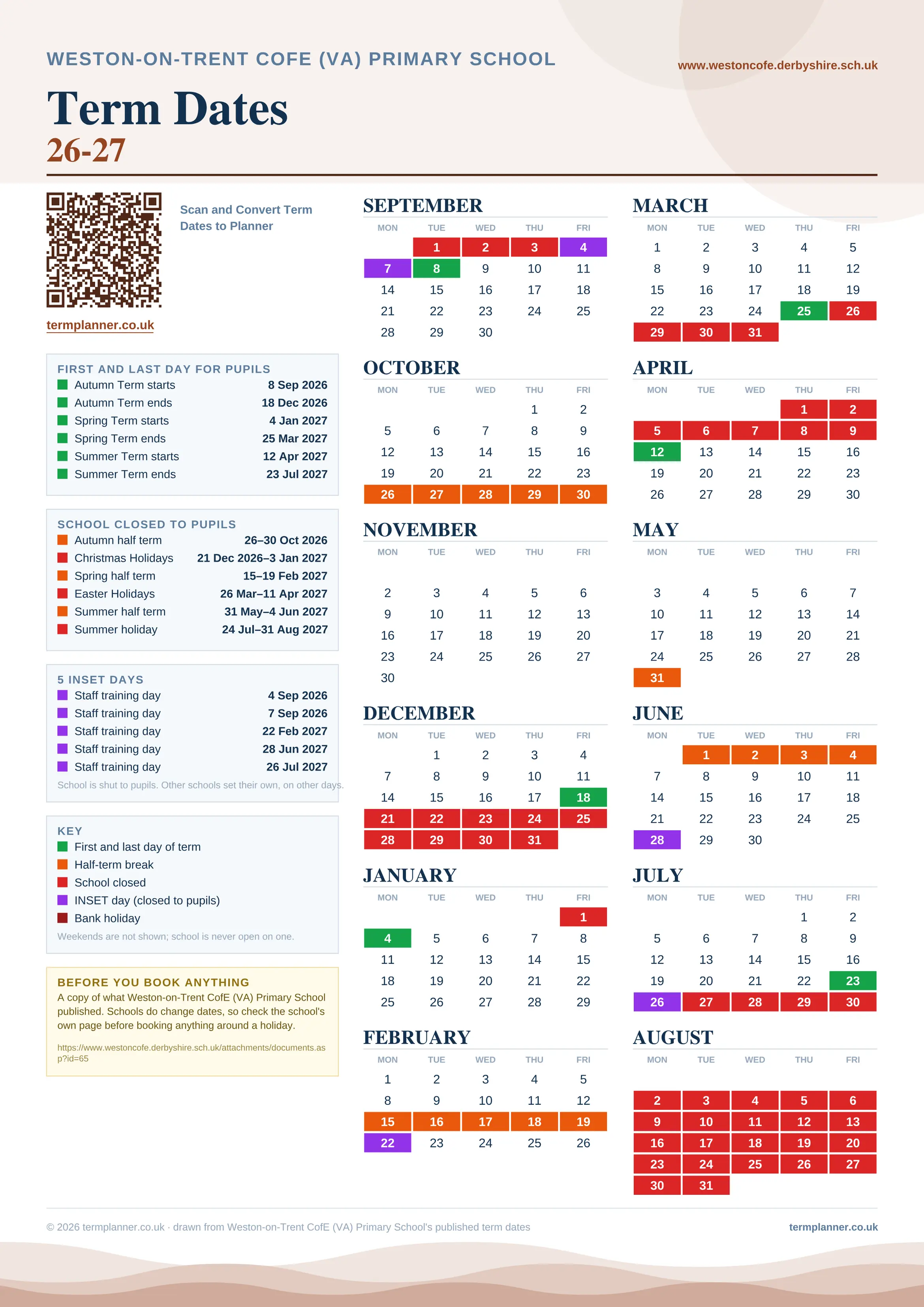 Weston-on-Trent CofE (VA) Primary School’s 2026/27 school year drawn as one sheet: twelve month grids from September to August, Monday to Friday, with autumn term 8 September to 18 December 2026, spring term 4 January to 25 March 2027, summer term 12 April to 23 July 2027. Half terms, holidays and bank holidays are filled in colour, the first and last day of each term is marked, 5 INSET days are picked out, and every date is listed again in words down the left.