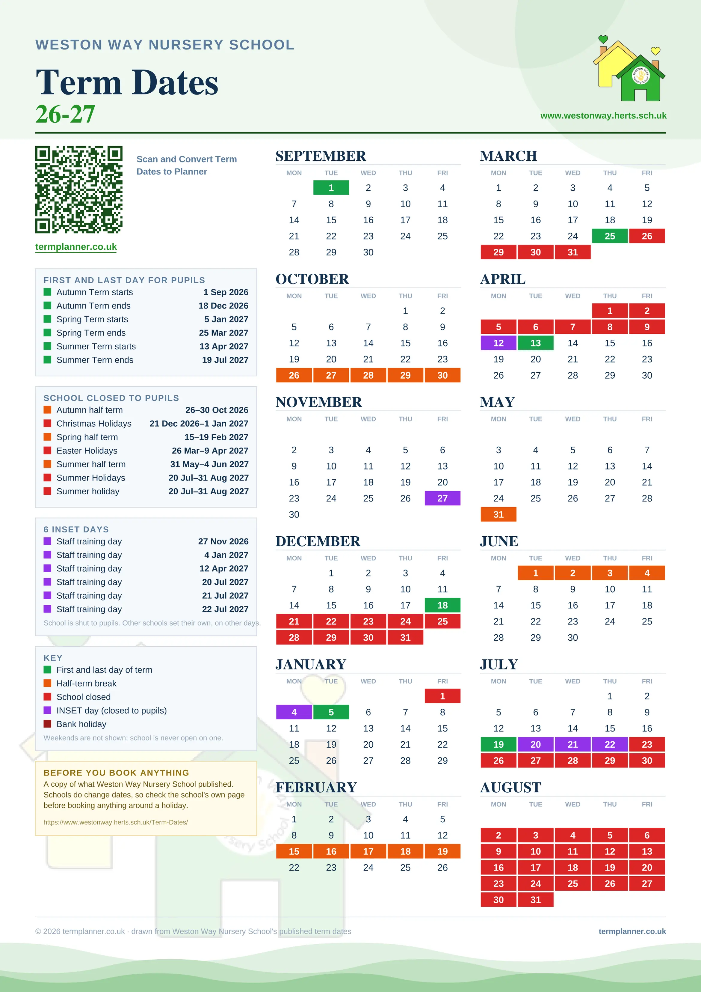 Weston Way Nursery School’s 2026/27 school year drawn as one sheet: twelve month grids from September to August, Monday to Friday, with autumn term 1 September to 18 December 2026, spring term 5 January to 25 March 2027, summer term 13 April to 19 July 2027. Half terms, holidays and bank holidays are filled in colour, the first and last day of each term is marked, 6 INSET days are picked out, and every date is listed again in words down the left.