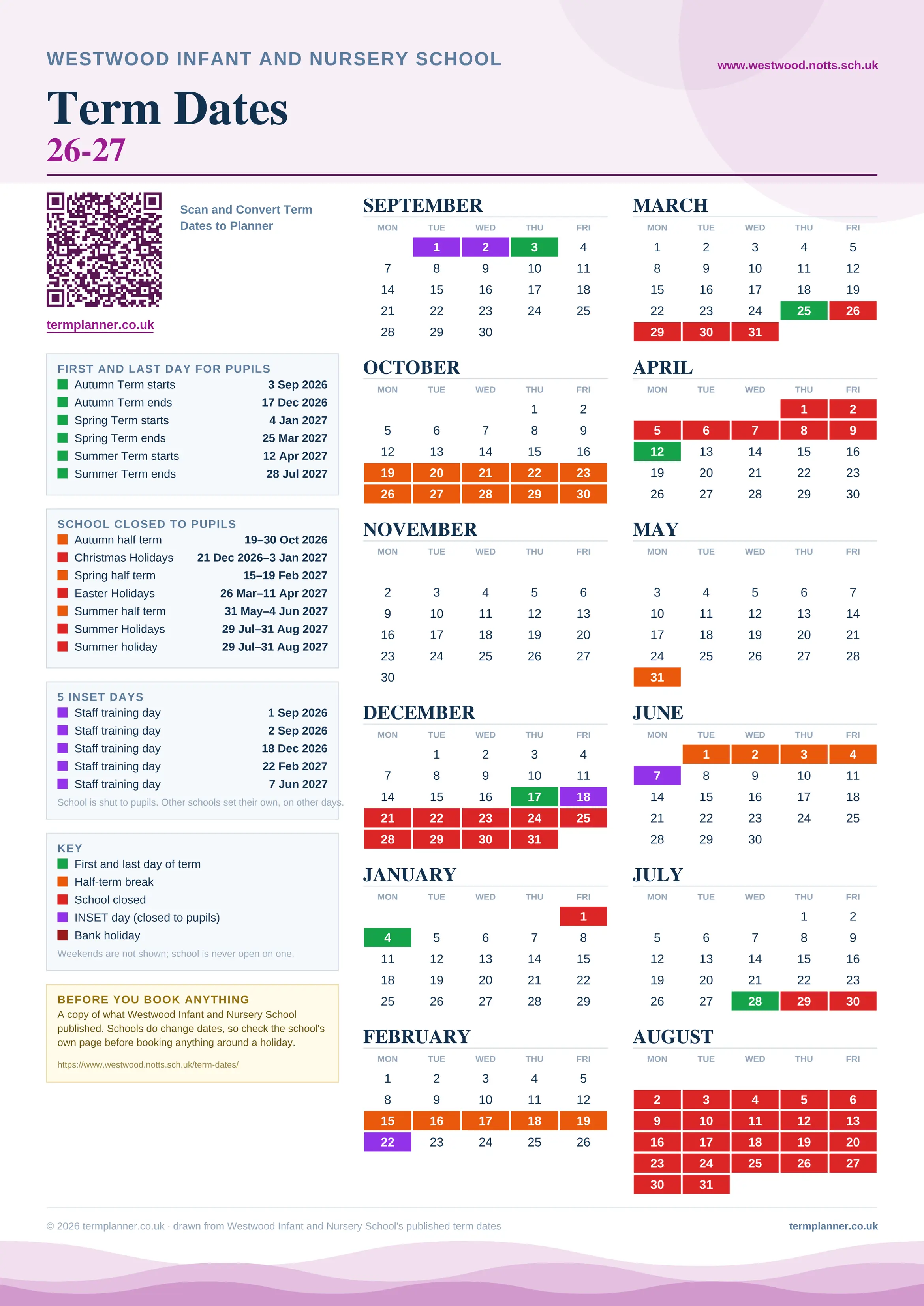 Westwood Infant and Nursery School’s 2026/27 school year drawn as one sheet: twelve month grids from September to August, Monday to Friday, with autumn term 3 September to 17 December 2026, spring term 4 January to 25 March 2027, summer term 12 April to 28 July 2027. Half terms, holidays and bank holidays are filled in colour, the first and last day of each term is marked, 5 INSET days are picked out, and every date is listed again in words down the left.