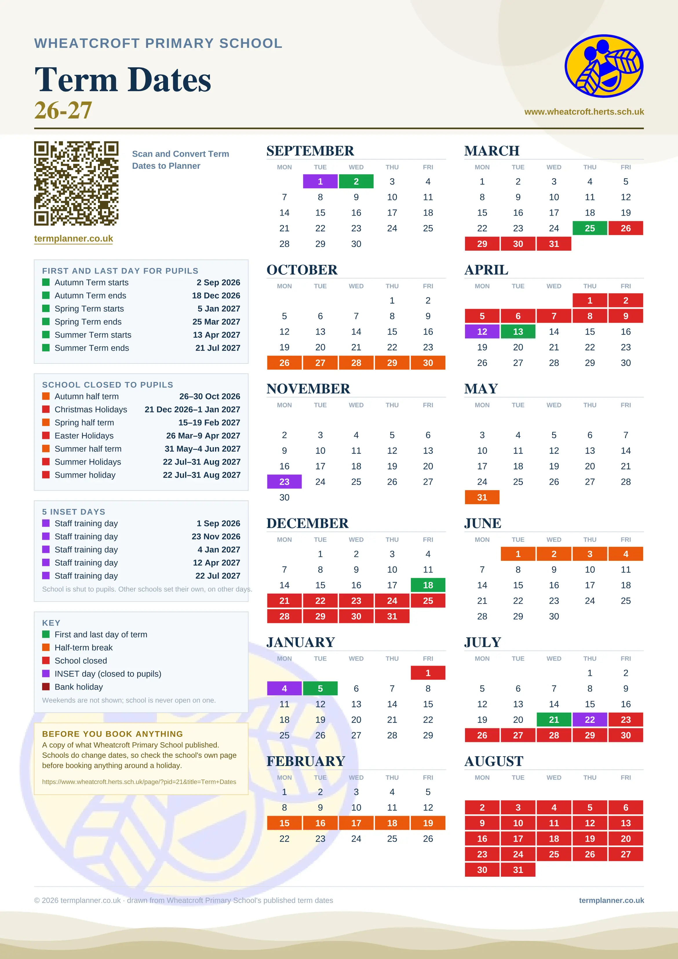 Wheatcroft Primary School’s 2026/27 school year drawn as one sheet: twelve month grids from September to August, Monday to Friday, with autumn term 2 September to 18 December 2026, spring term 5 January to 25 March 2027, summer term 13 April to 21 July 2027. Half terms, holidays and bank holidays are filled in colour, the first and last day of each term is marked, 5 INSET days are picked out, and every date is listed again in words down the left.