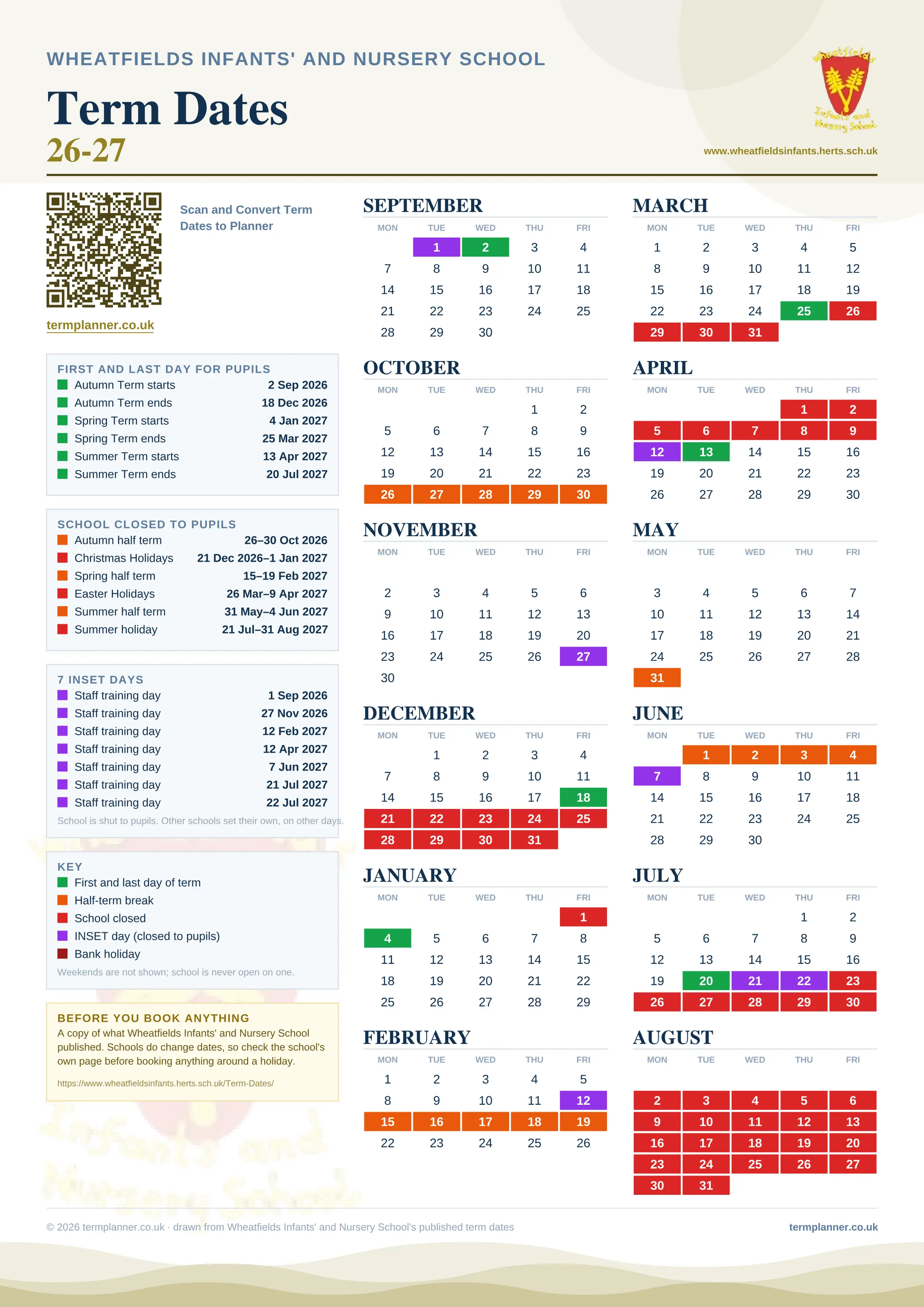 Wheatfields Infants' and Nursery School’s 2026/27 school year drawn as one sheet: twelve month grids from September to August, Monday to Friday, with autumn term 2 September to 18 December 2026, spring term 4 January to 25 March 2027, summer term 13 April to 20 July 2027. Half terms, holidays and bank holidays are filled in colour, the first and last day of each term is marked, 7 INSET days are picked out, and every date is listed again in words down the left.