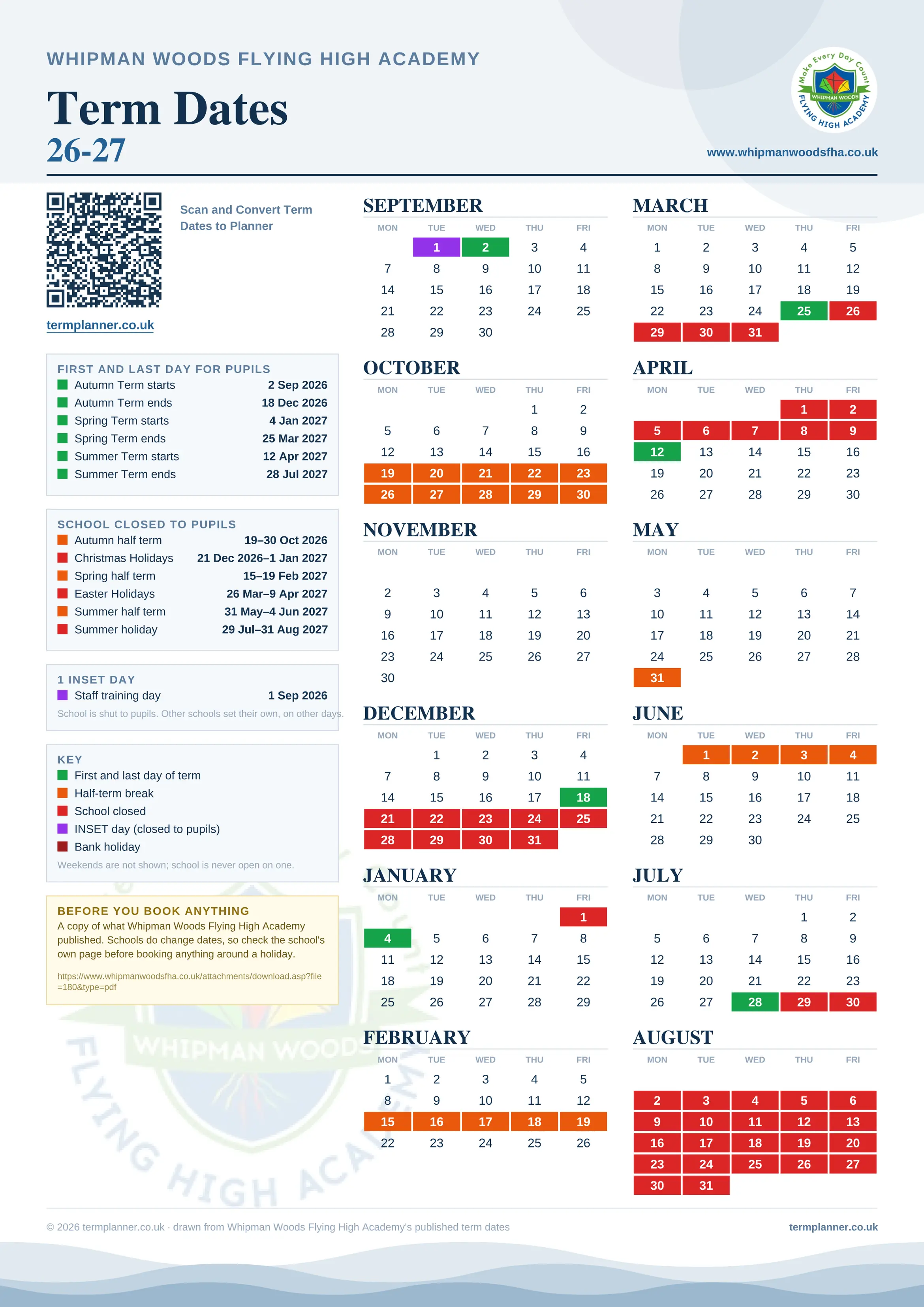 Whipman Woods Flying High Academy’s 2026/27 school year drawn as one sheet: twelve month grids from September to August, Monday to Friday, with autumn term 2 September to 18 December 2026, spring term 4 January to 25 March 2027, summer term 12 April to 28 July 2027. Half terms, holidays and bank holidays are filled in colour, the first and last day of each term is marked, 1 INSET day is picked out, and every date is listed again in words down the left.
