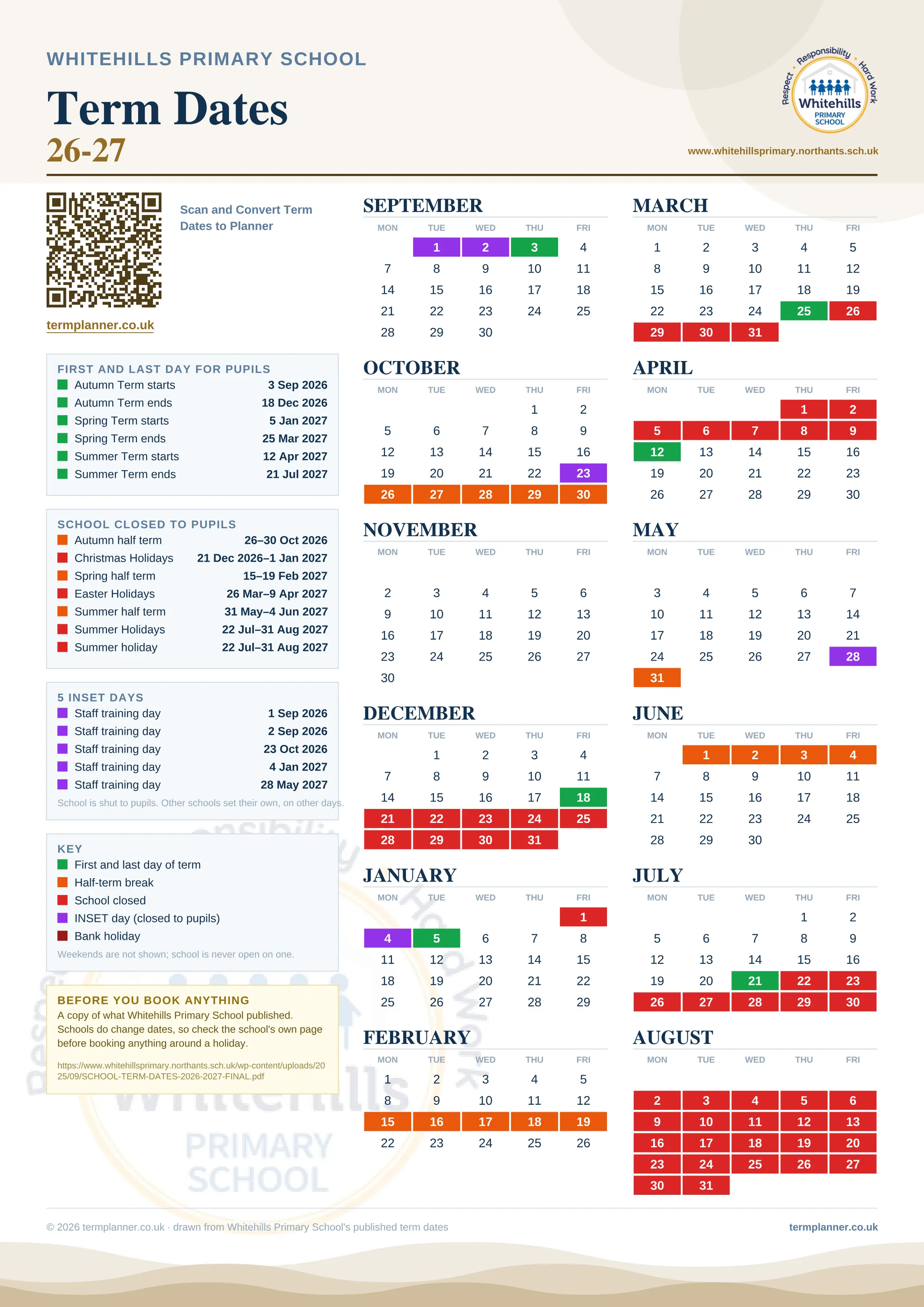 Whitehills Primary School’s 2026/27 school year drawn as one sheet: twelve month grids from September to August, Monday to Friday, with autumn term 3 September to 18 December 2026, spring term 5 January to 25 March 2027, summer term 12 April to 21 July 2027. Half terms, holidays and bank holidays are filled in colour, the first and last day of each term is marked, 5 INSET days are picked out, and every date is listed again in words down the left.