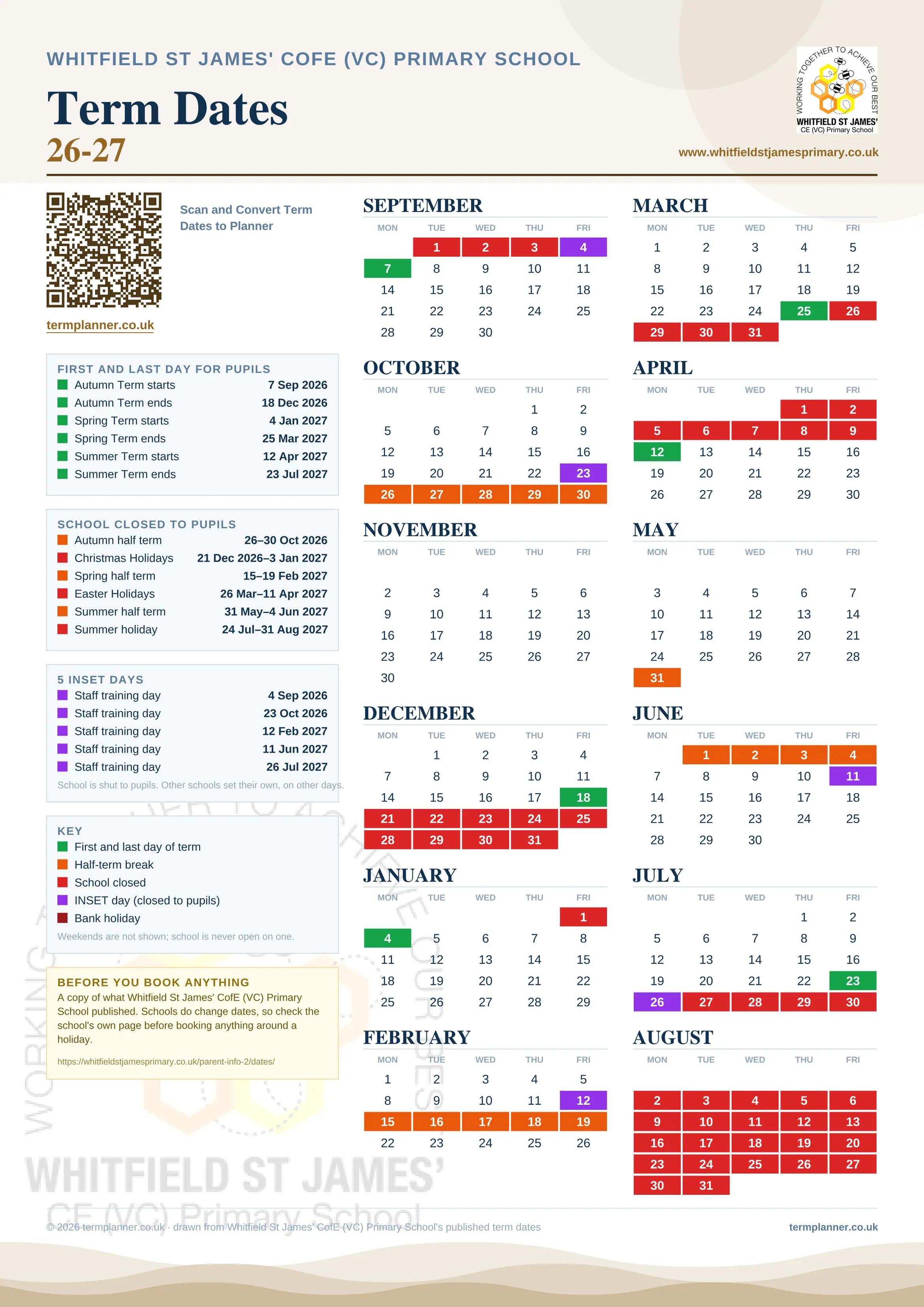 Whitfield St James' CofE (VC) Primary School’s 2026/27 school year drawn as one sheet: twelve month grids from September to August, Monday to Friday, with autumn term 7 September to 18 December 2026, spring term 4 January to 25 March 2027, summer term 12 April to 23 July 2027. Half terms, holidays and bank holidays are filled in colour, the first and last day of each term is marked, 5 INSET days are picked out, and every date is listed again in words down the left.