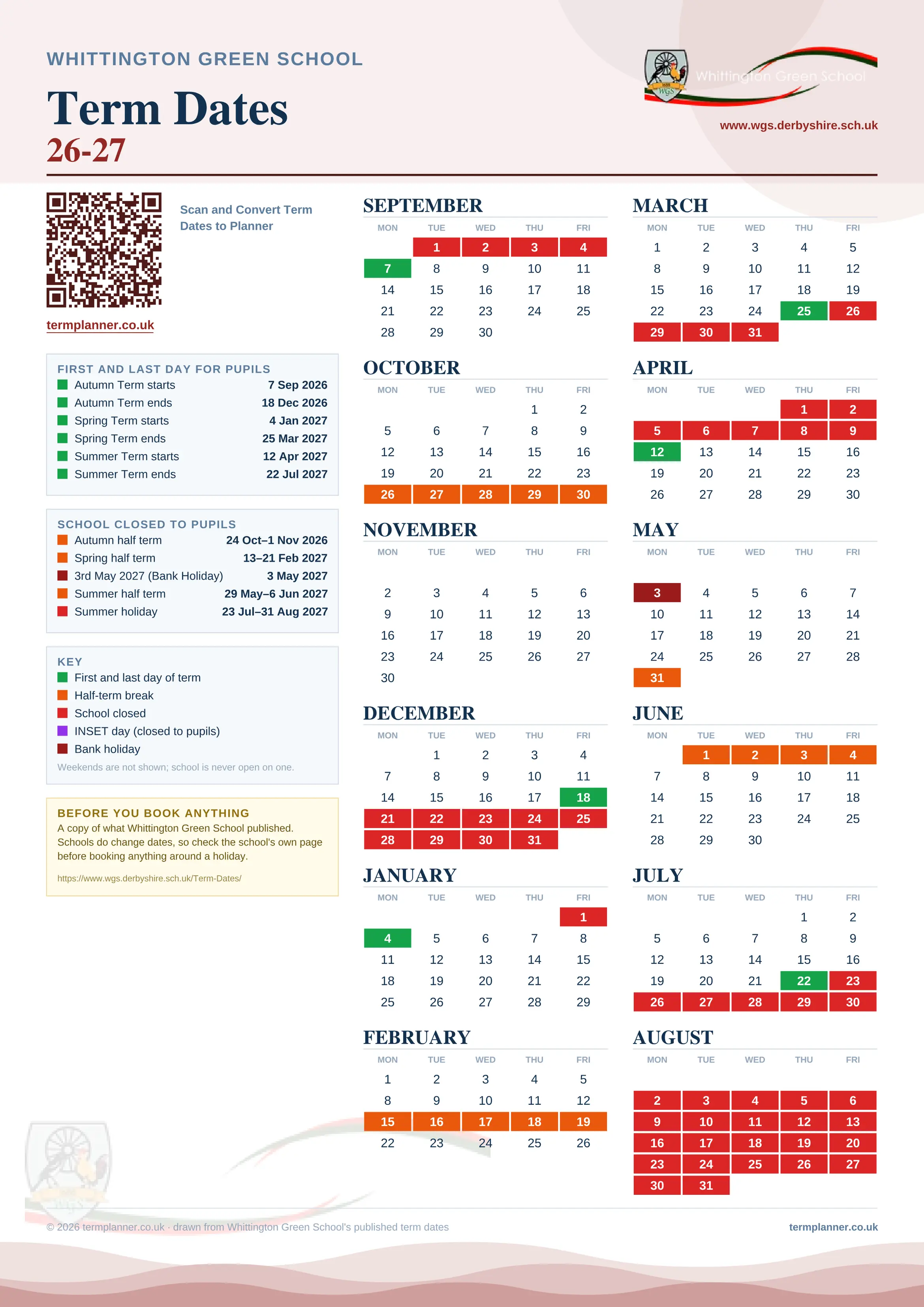 Whittington Green School’s 2026/27 school year drawn as one sheet: twelve month grids from September to August, Monday to Friday, with autumn term 7 September to 18 December 2026, spring term 4 January to 25 March 2027, summer term 12 April to 22 July 2027. Half terms, holidays and bank holidays are filled in colour, the first and last day of each term is marked, and every date is listed again in words down the left.