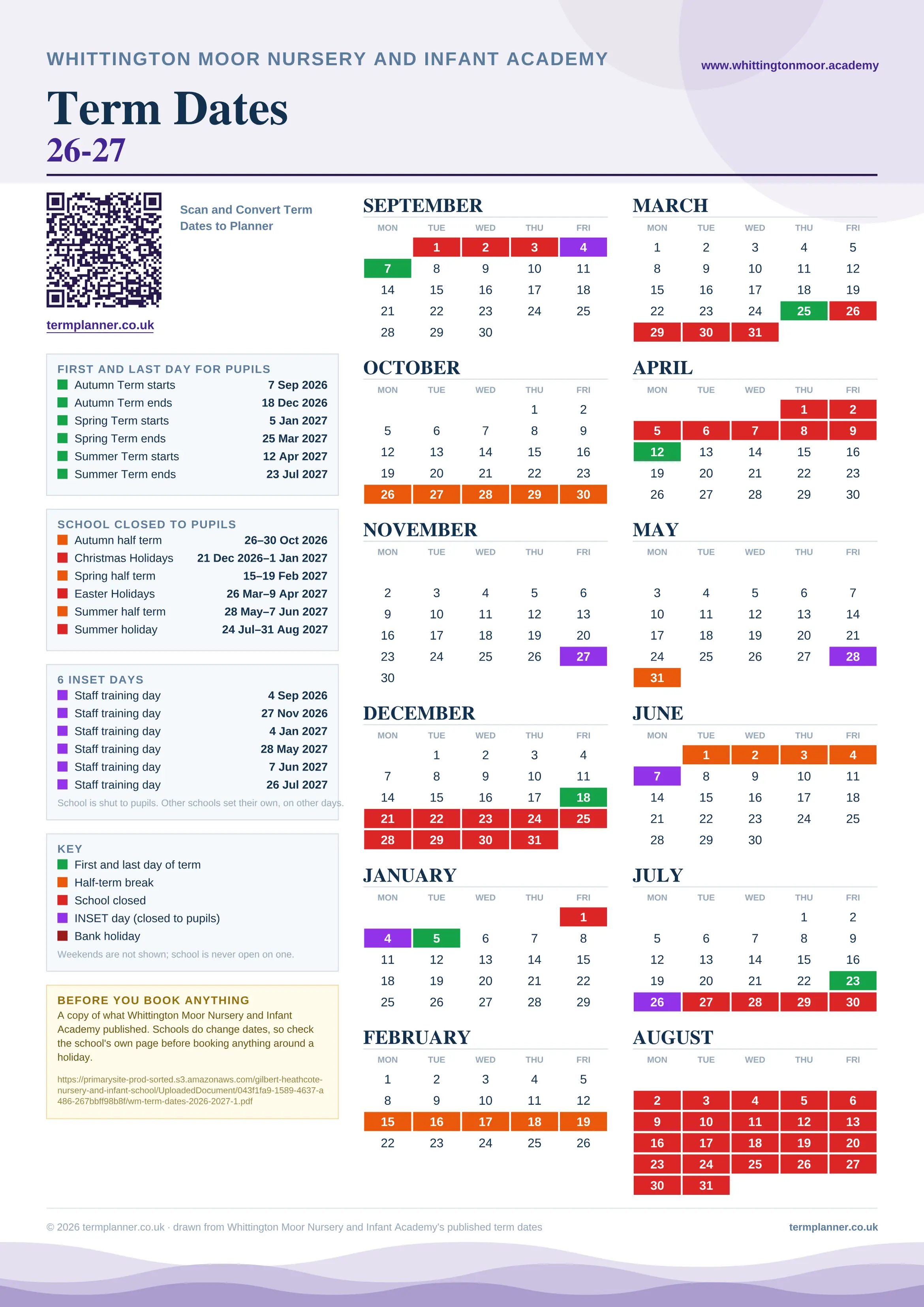 Whittington Moor Nursery and Infant Academy’s 2026/27 school year drawn as one sheet: twelve month grids from September to August, Monday to Friday, with autumn term 7 September to 18 December 2026, spring term 5 January to 25 March 2027, summer term 12 April to 23 July 2027. Half terms, holidays and bank holidays are filled in colour, the first and last day of each term is marked, 6 INSET days are picked out, and every date is listed again in words down the left.