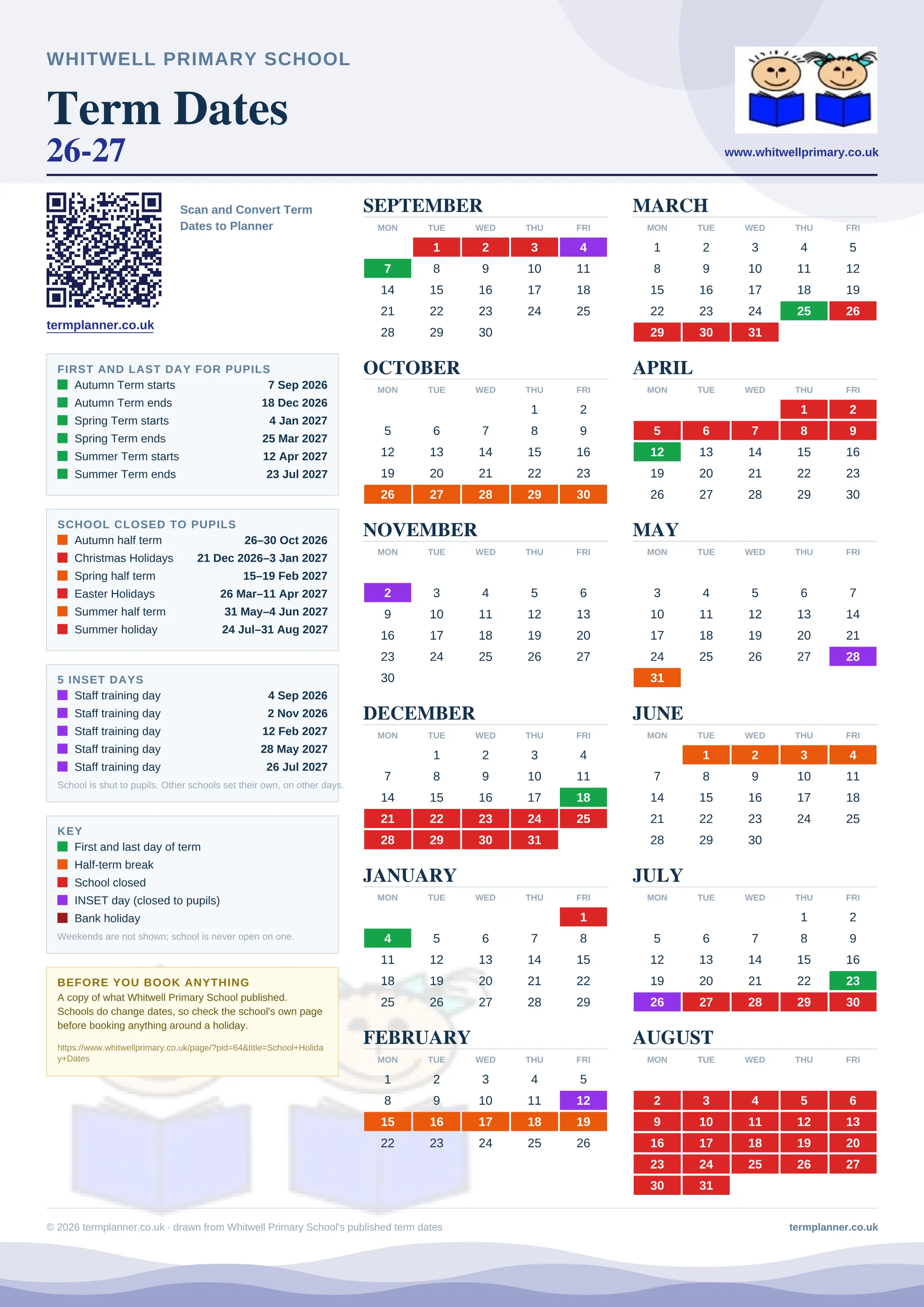Whitwell Primary School’s 2026/27 school year drawn as one sheet: twelve month grids from September to August, Monday to Friday, with autumn term 7 September to 18 December 2026, spring term 4 January to 25 March 2027, summer term 12 April to 23 July 2027. Half terms, holidays and bank holidays are filled in colour, the first and last day of each term is marked, 5 INSET days are picked out, and every date is listed again in words down the left.