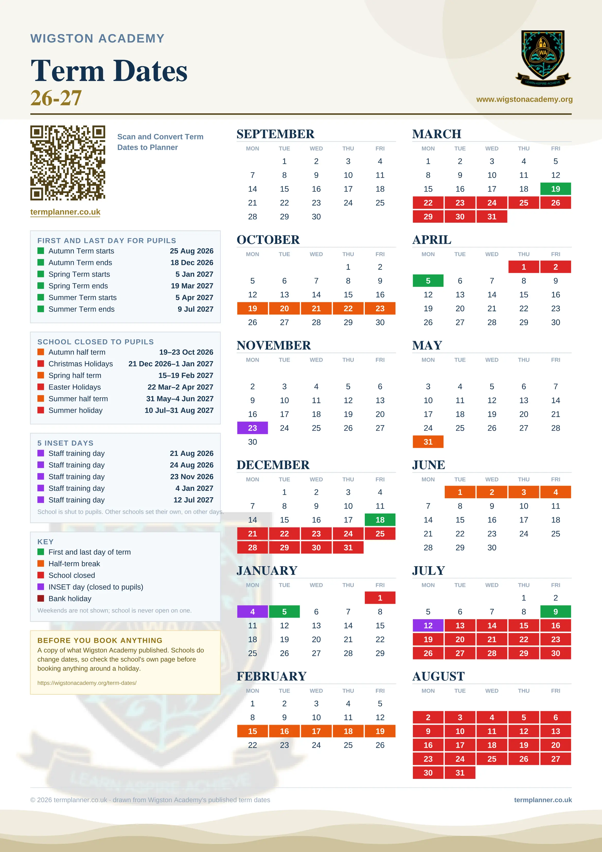 Wigston Academy’s 2026/27 school year drawn as one sheet: twelve month grids from September to August, Monday to Friday, with autumn term 25 August to 18 December 2026, spring term 5 January to 19 March 2027, summer term 5 April to 9 July 2027. Half terms, holidays and bank holidays are filled in colour, the first and last day of each term is marked, 5 INSET days are picked out, and every date is listed again in words down the left.