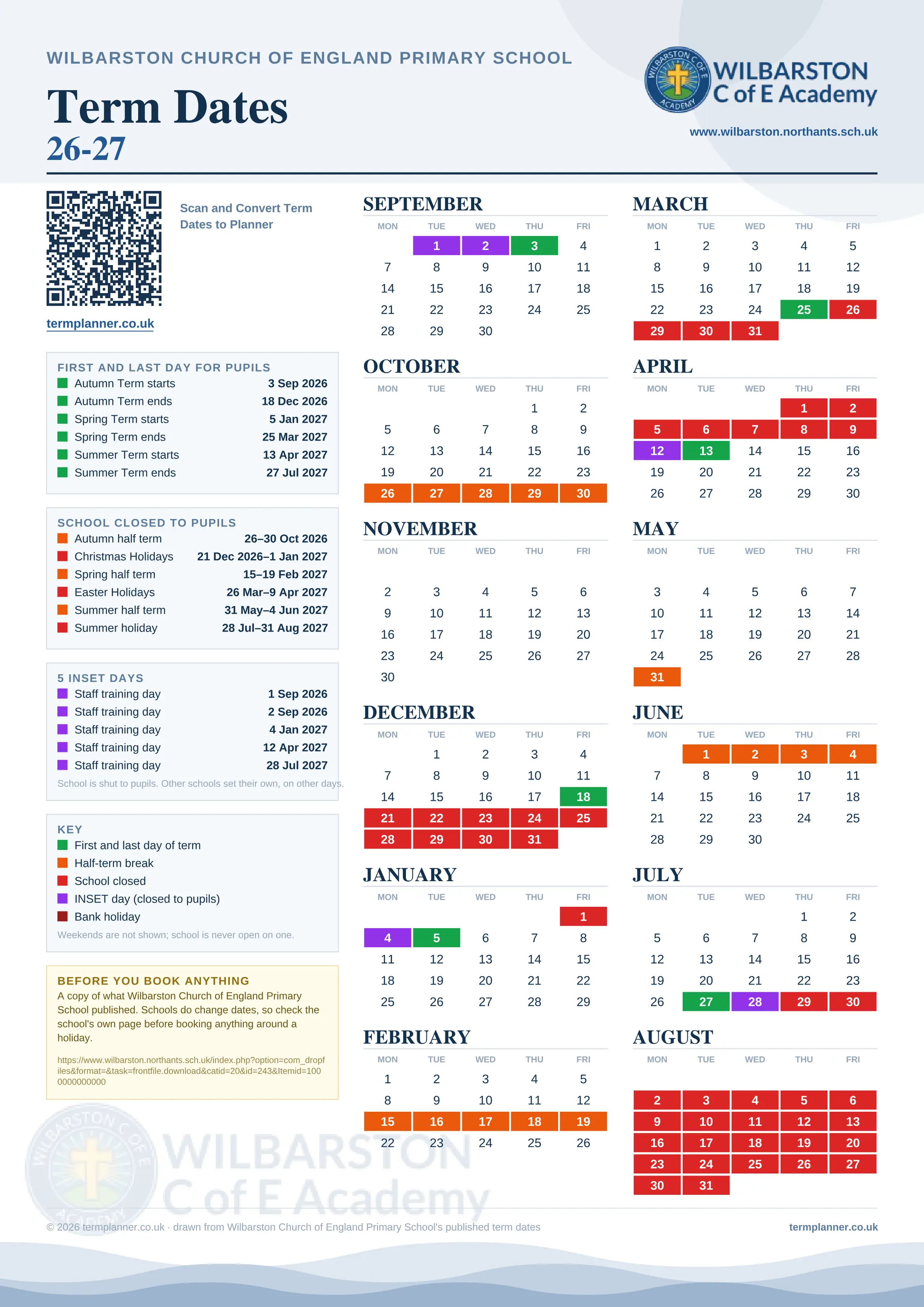 Wilbarston Church of England Primary School’s 2026/27 school year drawn as one sheet: twelve month grids from September to August, Monday to Friday, with autumn term 3 September to 18 December 2026, spring term 5 January to 25 March 2027, summer term 13 April to 27 July 2027. Half terms, holidays and bank holidays are filled in colour, the first and last day of each term is marked, 5 INSET days are picked out, and every date is listed again in words down the left.