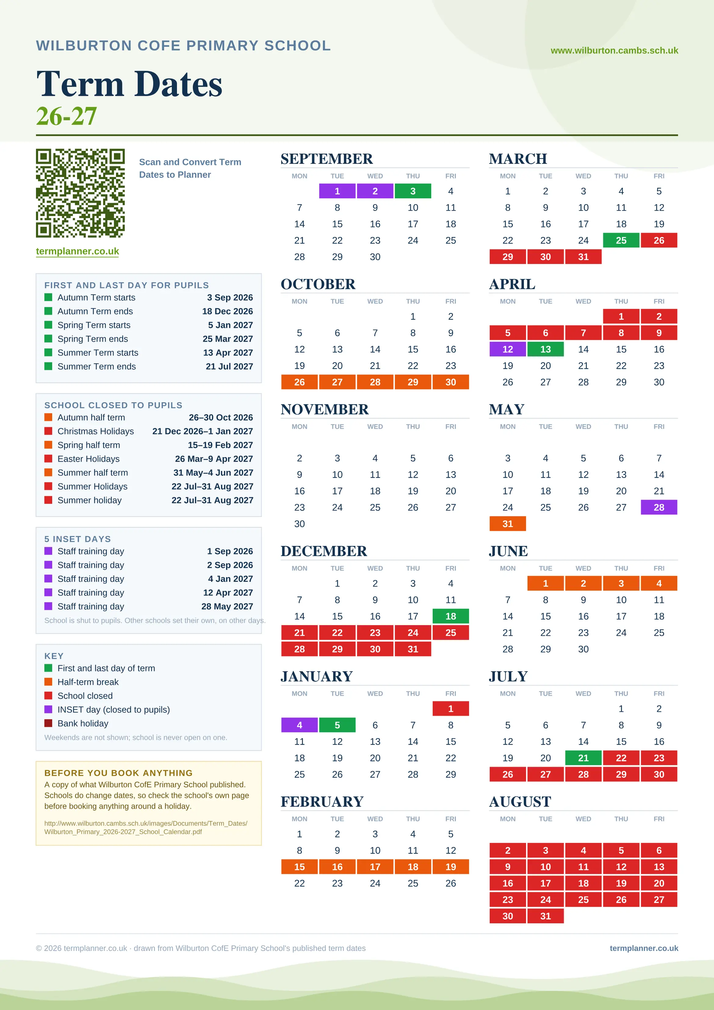 Wilburton CofE Primary School’s 2026/27 school year drawn as one sheet: twelve month grids from September to August, Monday to Friday, with autumn term 3 September to 18 December 2026, spring term 5 January to 25 March 2027, summer term 13 April to 21 July 2027. Half terms, holidays and bank holidays are filled in colour, the first and last day of each term is marked, 5 INSET days are picked out, and every date is listed again in words down the left.
