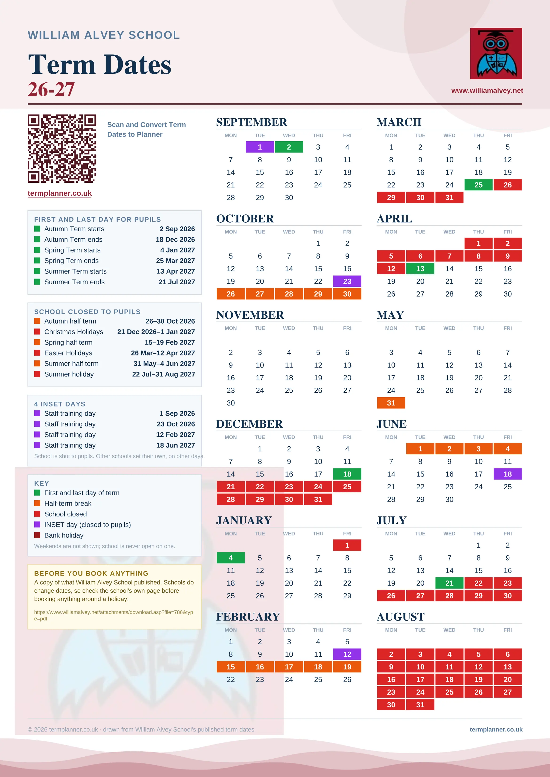 William Alvey School’s 2026/27 school year drawn as one sheet: twelve month grids from September to August, Monday to Friday, with autumn term 2 September to 18 December 2026, spring term 4 January to 25 March 2027, summer term 13 April to 21 July 2027. Half terms, holidays and bank holidays are filled in colour, the first and last day of each term is marked, 4 INSET days are picked out, and every date is listed again in words down the left.