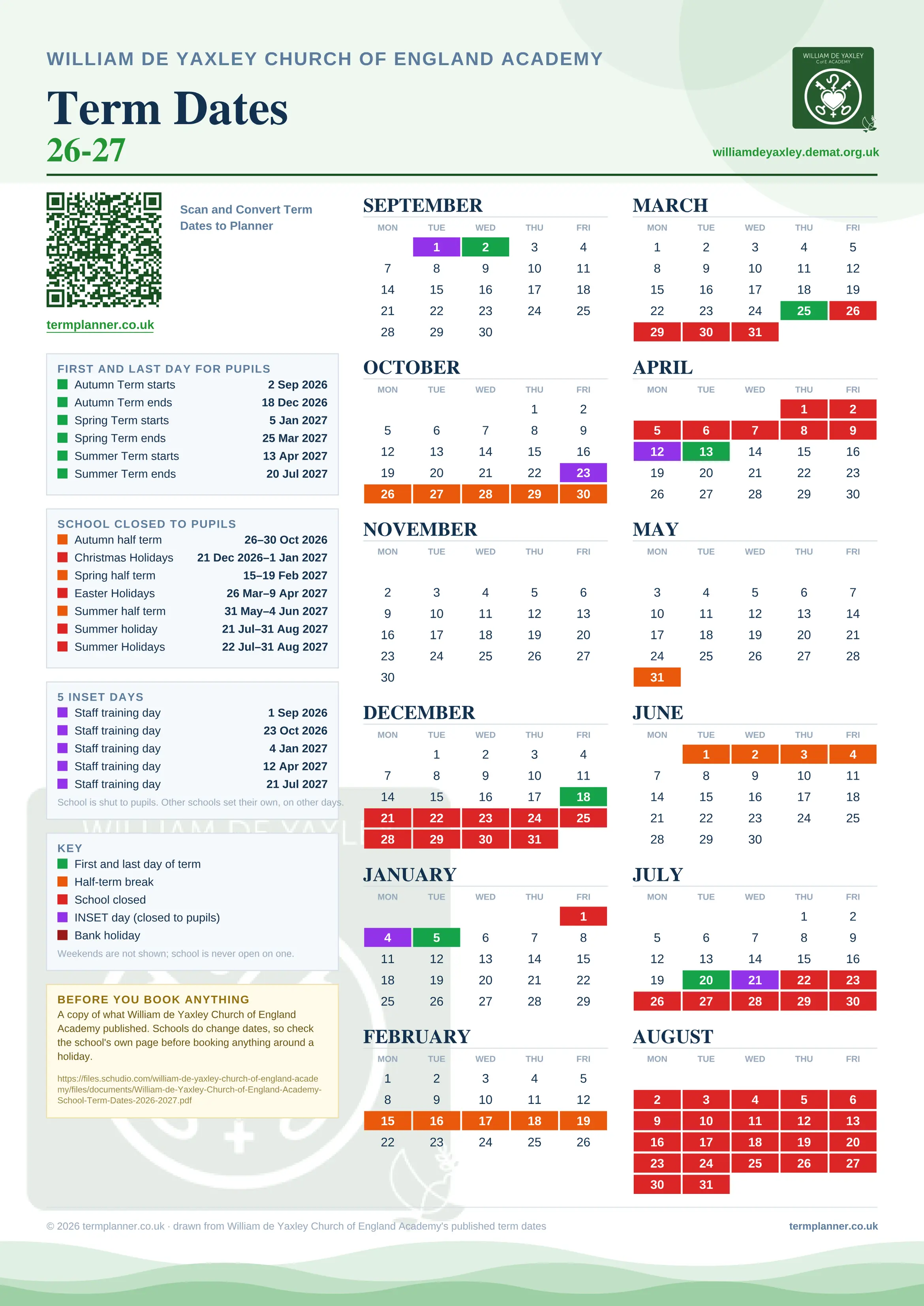 William de Yaxley Church of England Academy’s 2026/27 school year drawn as one sheet: twelve month grids from September to August, Monday to Friday, with autumn term 2 September to 18 December 2026, spring term 5 January to 25 March 2027, summer term 13 April to 20 July 2027. Half terms, holidays and bank holidays are filled in colour, the first and last day of each term is marked, 5 INSET days are picked out, and every date is listed again in words down the left.
