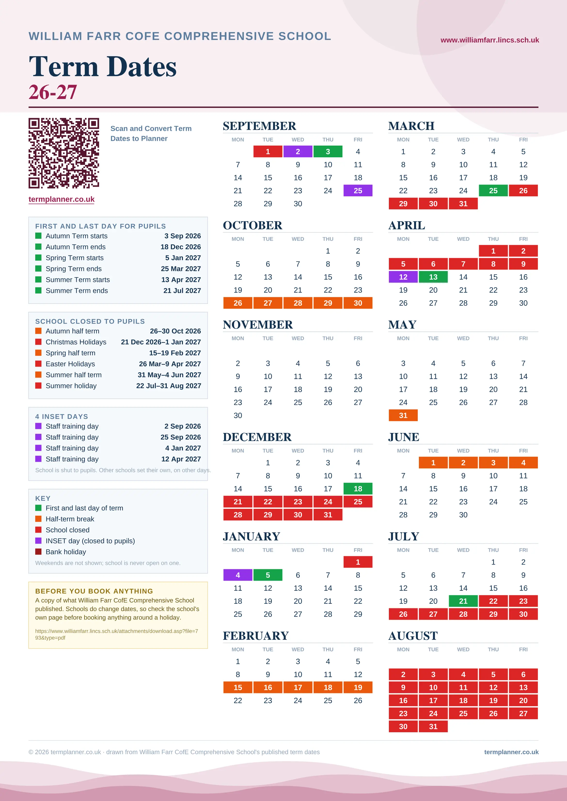 William Farr CofE Comprehensive School’s 2026/27 school year drawn as one sheet: twelve month grids from September to August, Monday to Friday, with autumn term 3 September to 18 December 2026, spring term 5 January to 25 March 2027, summer term 13 April to 21 July 2027. Half terms, holidays and bank holidays are filled in colour, the first and last day of each term is marked, 4 INSET days are picked out, and every date is listed again in words down the left.