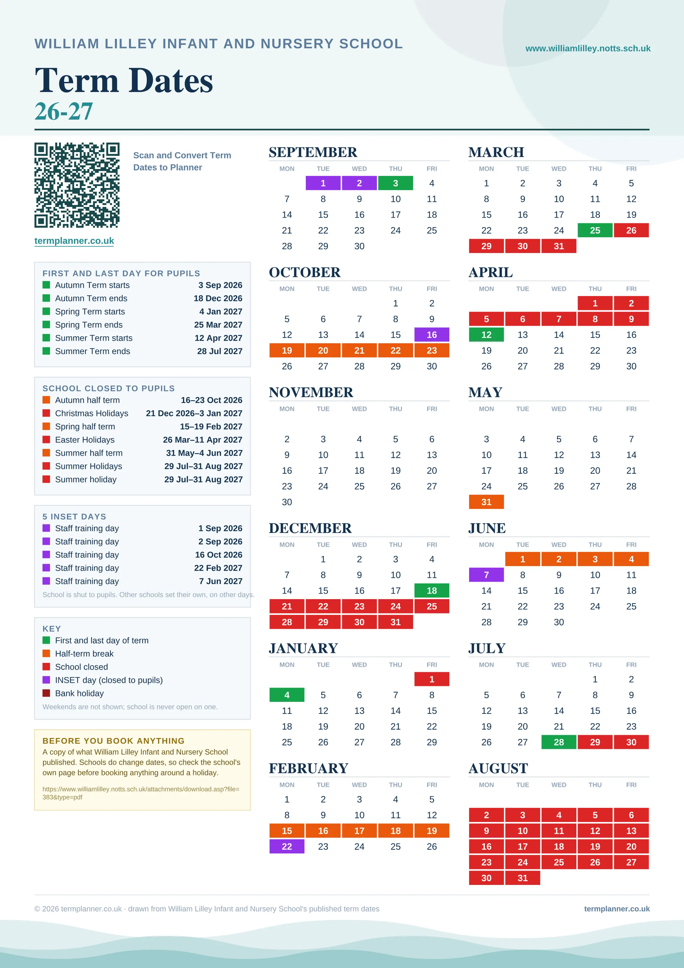 William Lilley Infant and Nursery School’s 2026/27 school year drawn as one sheet: twelve month grids from September to August, Monday to Friday, with autumn term 3 September to 18 December 2026, spring term 4 January to 25 March 2027, summer term 12 April to 28 July 2027. Half terms, holidays and bank holidays are filled in colour, the first and last day of each term is marked, 5 INSET days are picked out, and every date is listed again in words down the left.