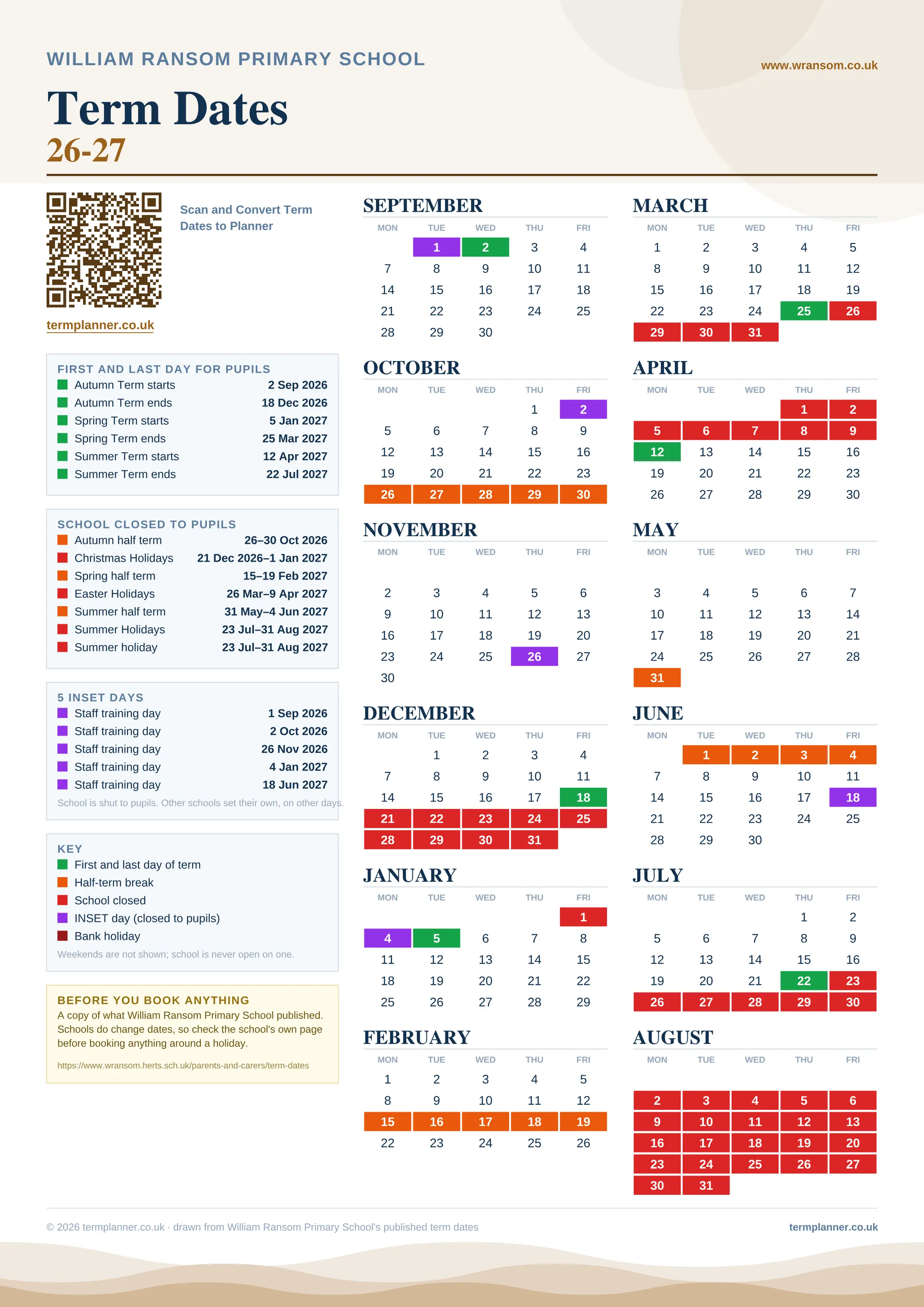 William Ransom Primary School’s 2026/27 school year drawn as one sheet: twelve month grids from September to August, Monday to Friday, with autumn term 2 September to 18 December 2026, spring term 5 January to 25 March 2027, summer term 12 April to 22 July 2027. Half terms, holidays and bank holidays are filled in colour, the first and last day of each term is marked, 5 INSET days are picked out, and every date is listed again in words down the left.