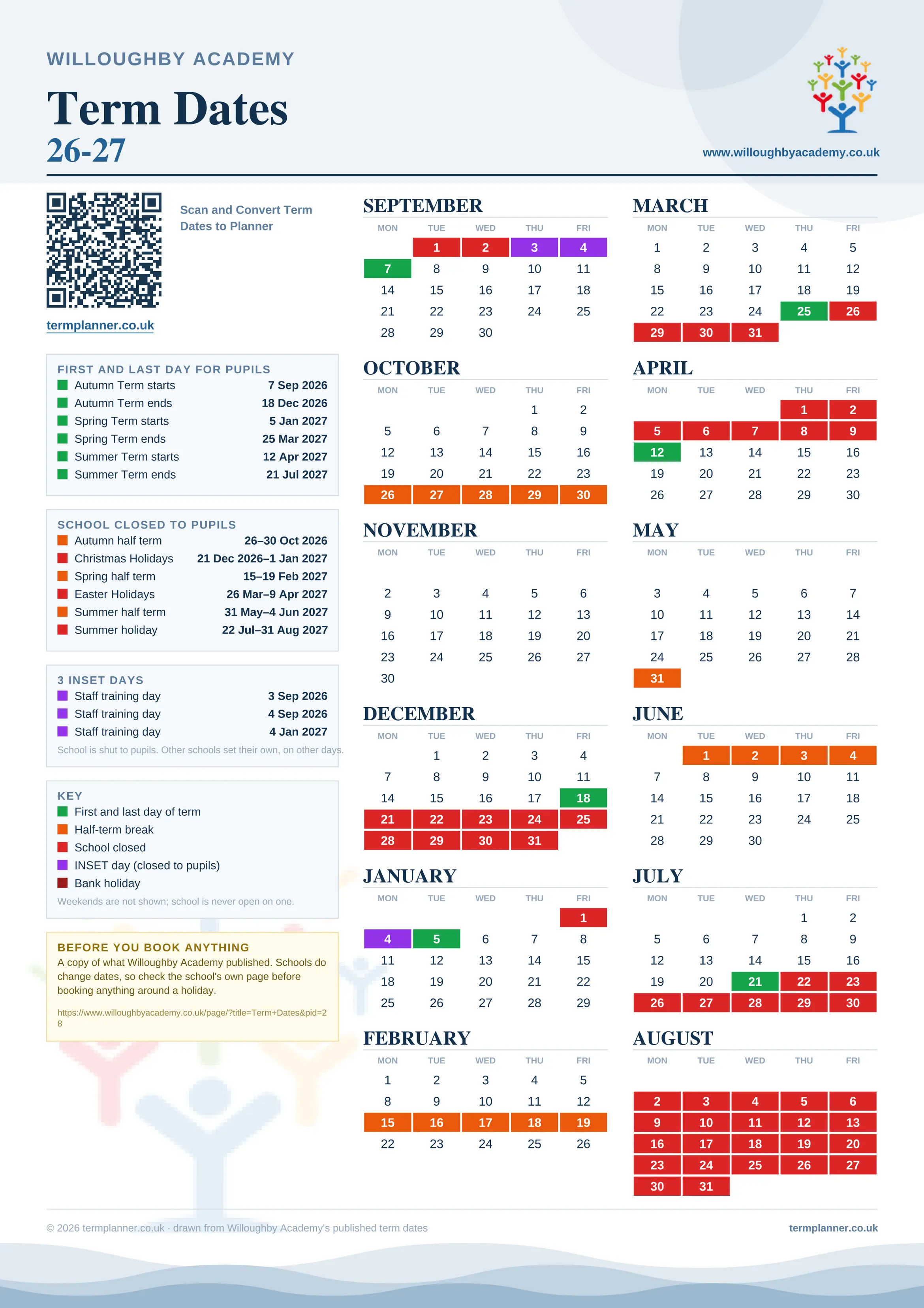 Willoughby Academy’s 2026/27 school year drawn as one sheet: twelve month grids from September to August, Monday to Friday, with autumn term 7 September to 18 December 2026, spring term 5 January to 25 March 2027, summer term 12 April to 21 July 2027. Half terms, holidays and bank holidays are filled in colour, the first and last day of each term is marked, 3 INSET days are picked out, and every date is listed again in words down the left.